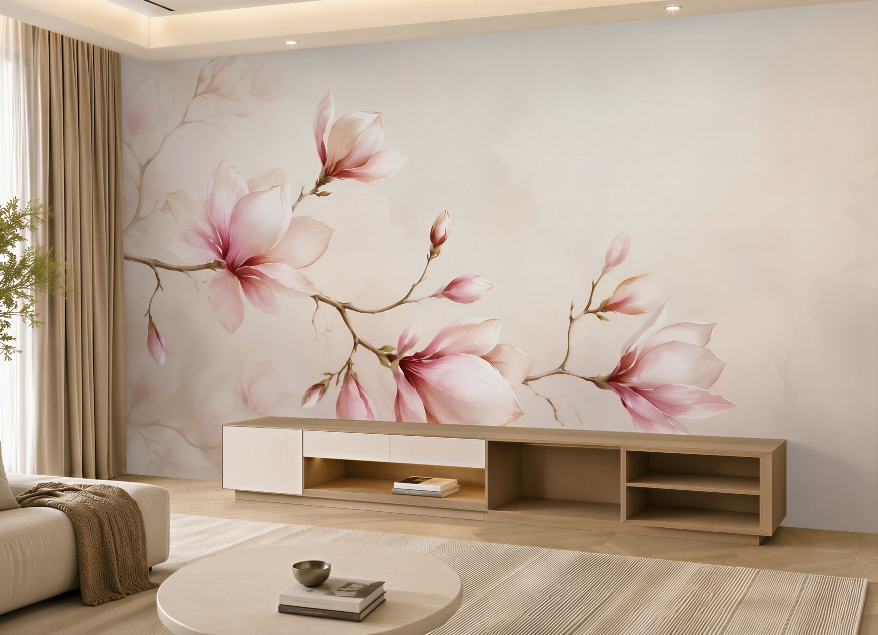 Fototapeta magnolie różowe na beżowym tle elegancka do sypialni?v23