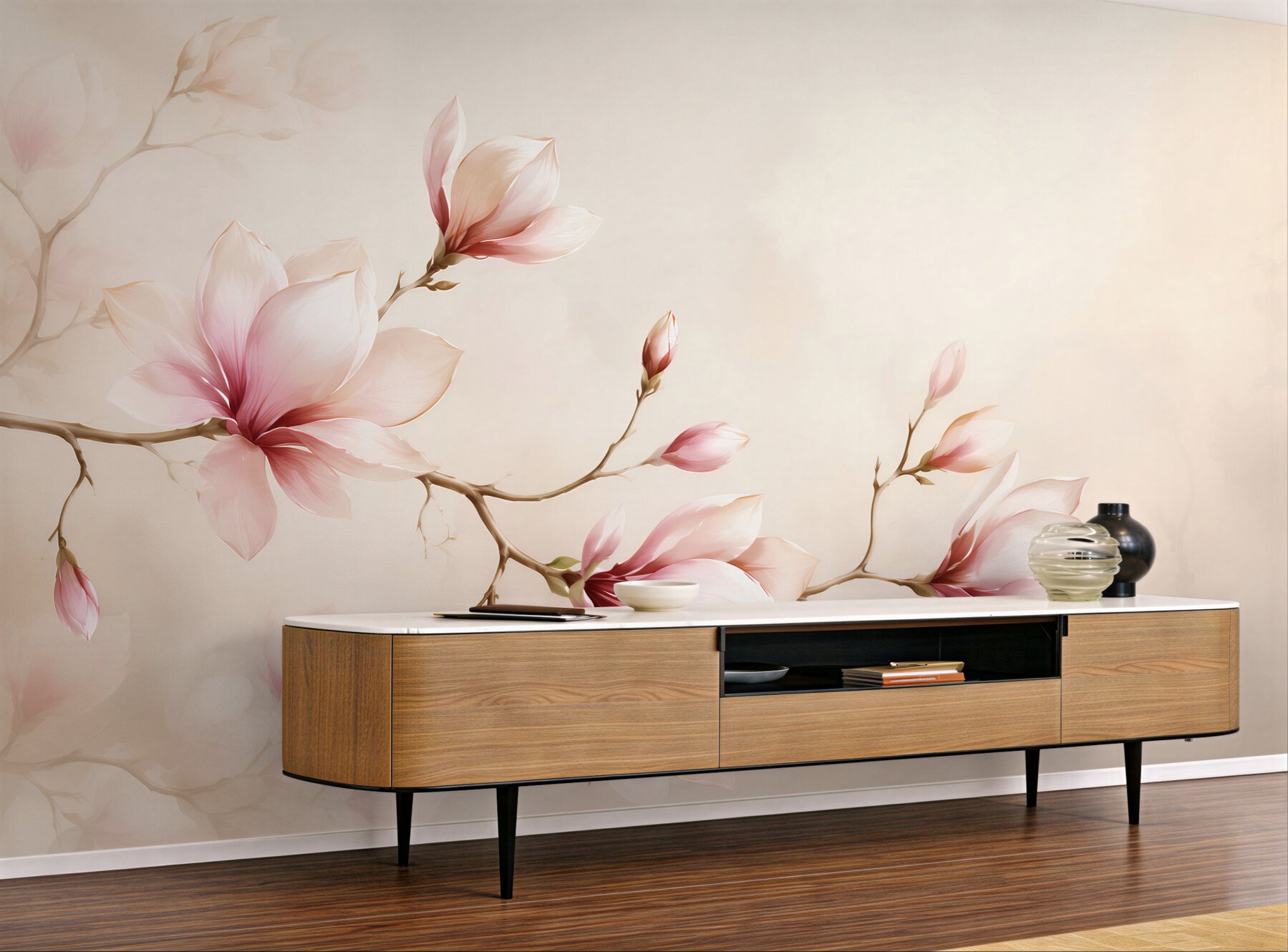 Fototapeta magnolie różowe na beżowym tle elegancka do sypialni?v23