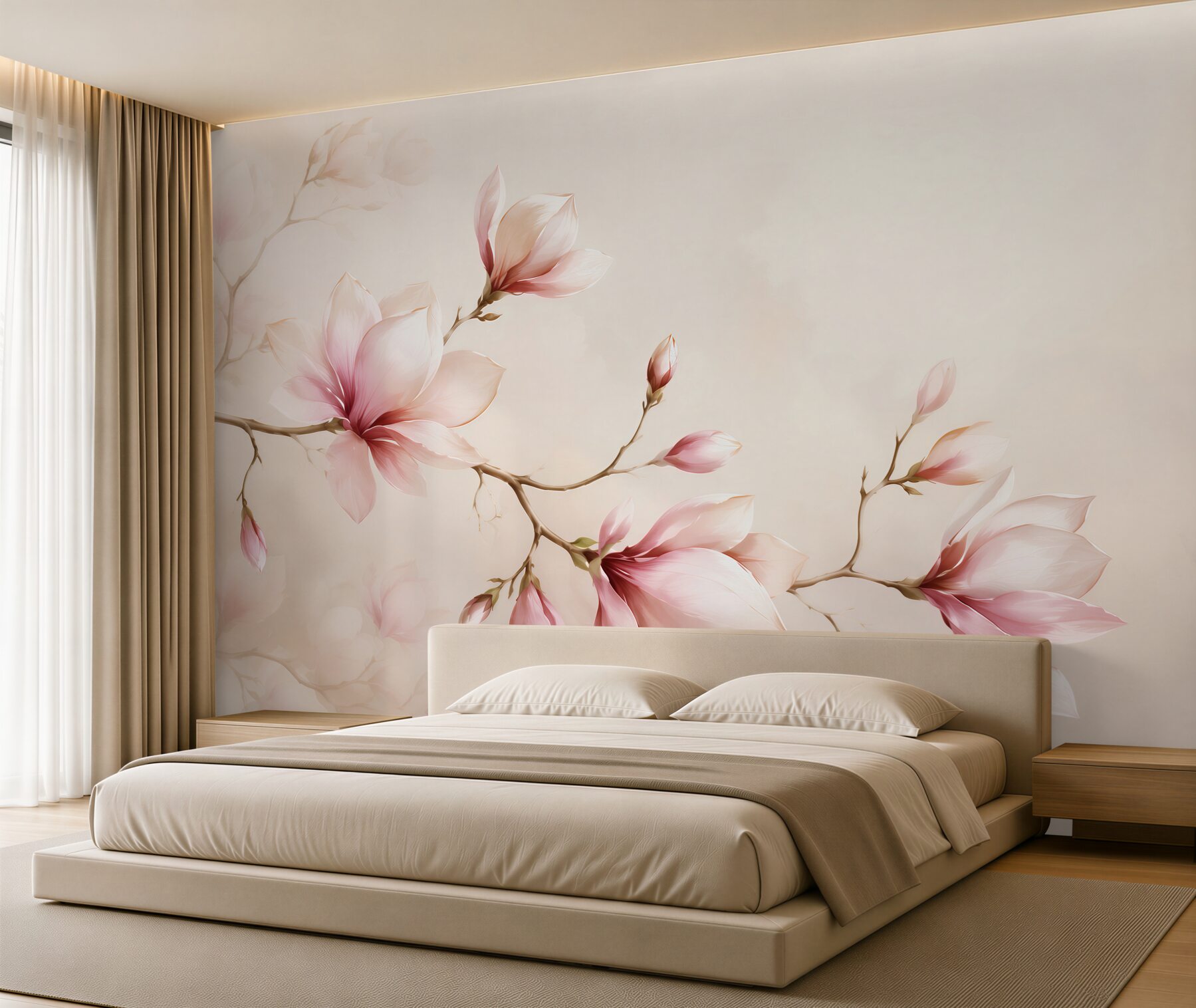Fototapeta magnolie różowe na beżowym tle elegancka do sypialni?v23