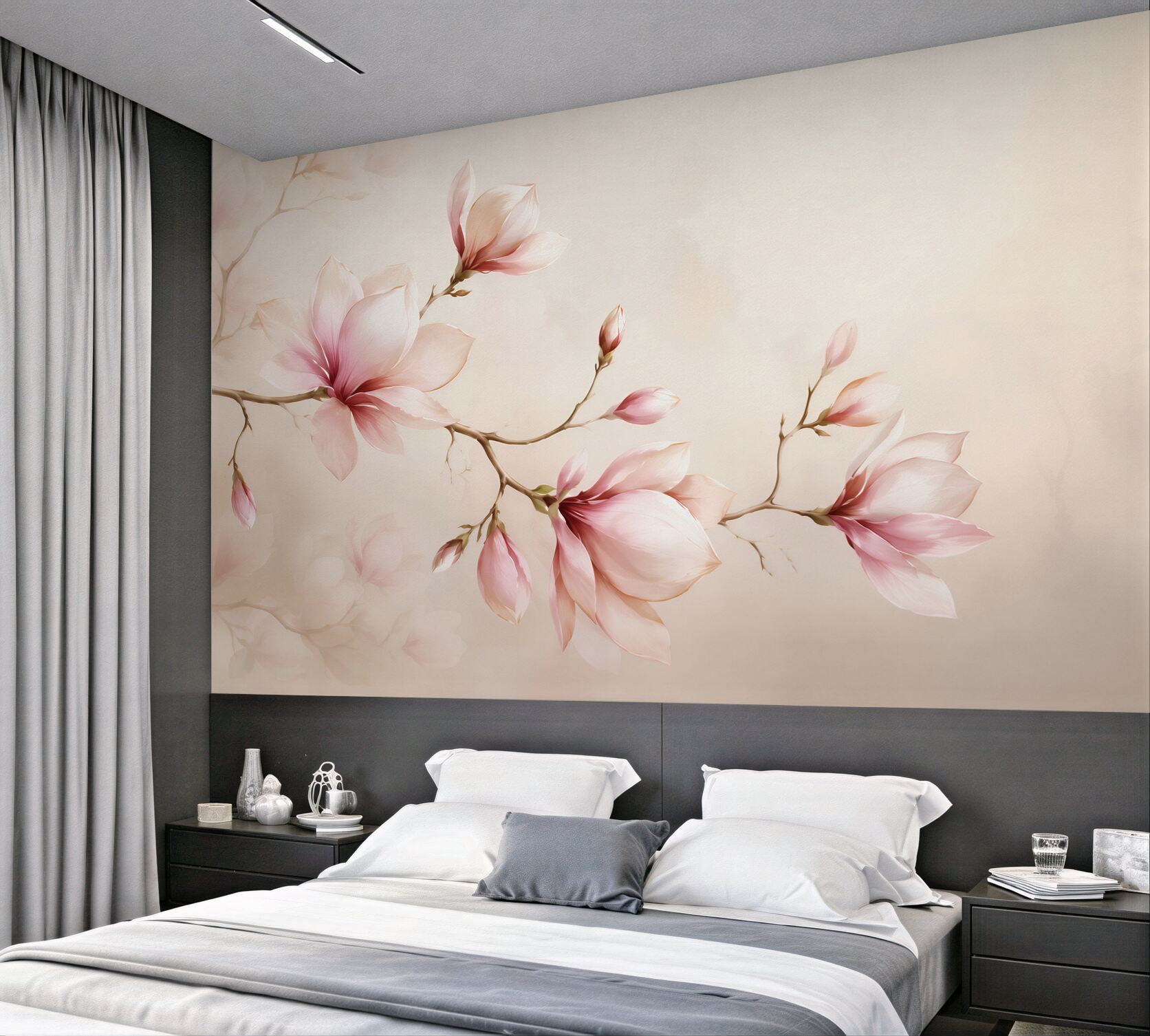 Fototapeta magnolie różowe na beżowym tle elegancka do sypialni