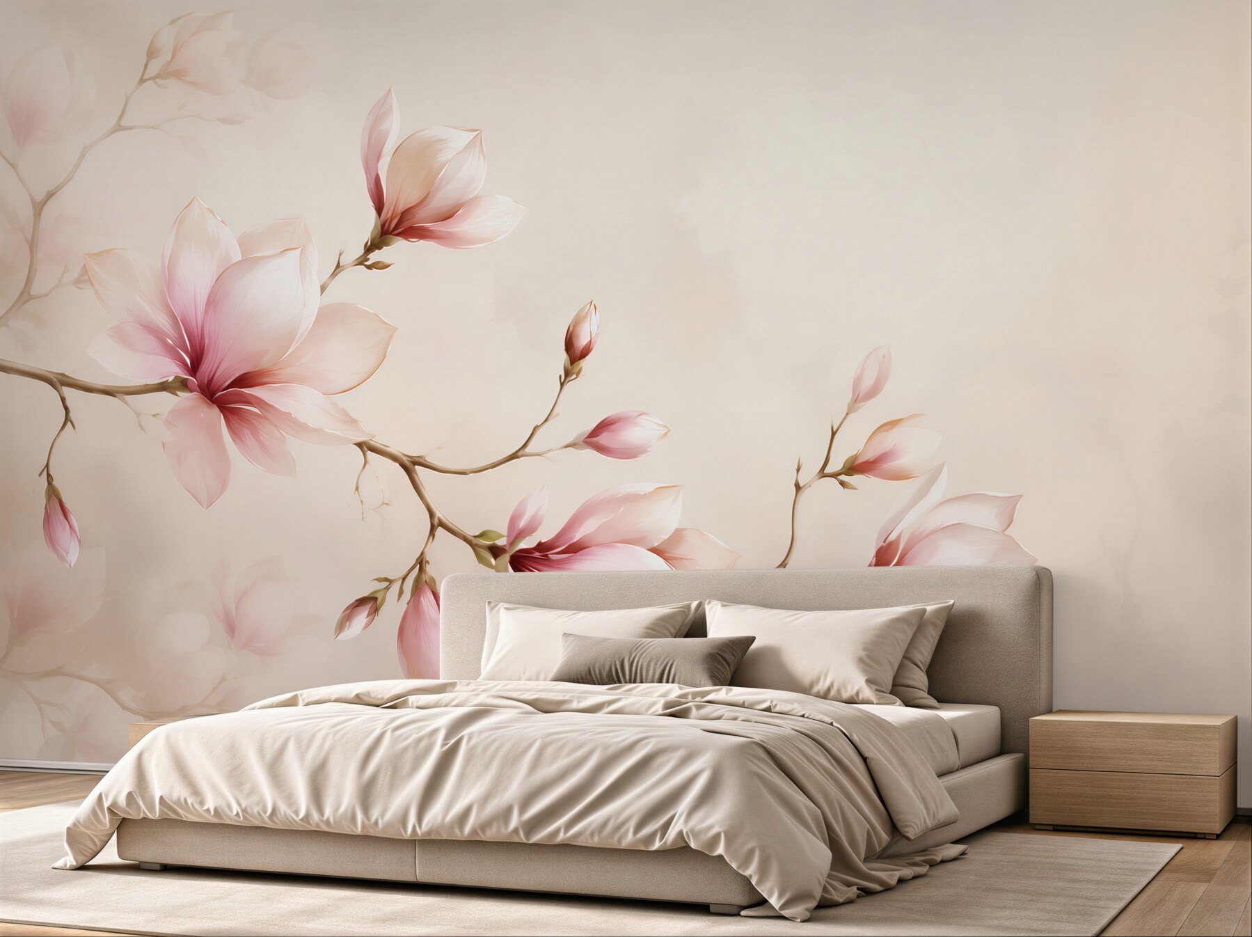 Fototapeta magnolie różowe na beżowym tle elegancka do sypialni?v23