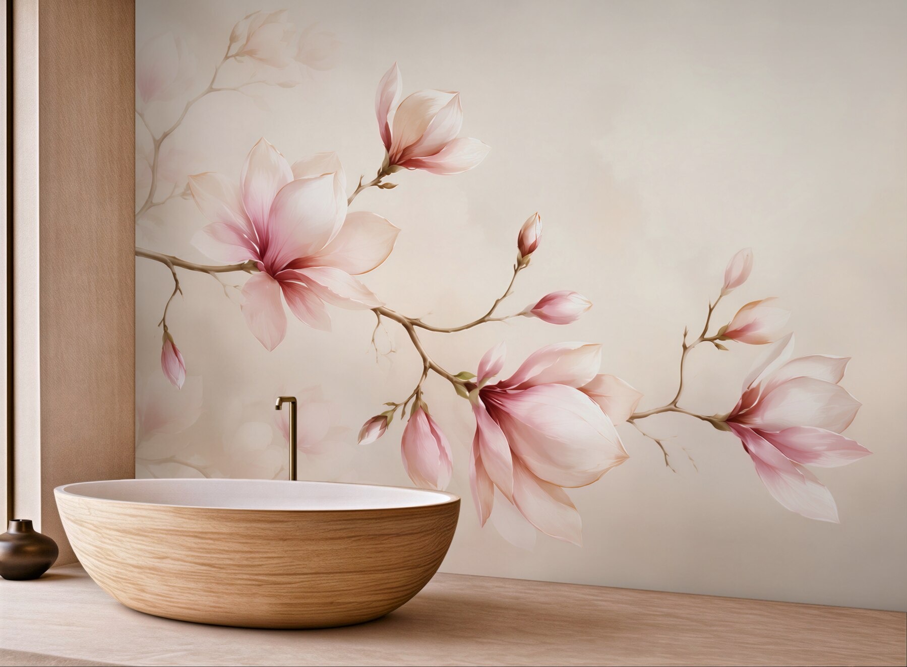 Fototapeta magnolie różowe na beżowym tle elegancka do sypialni?v23