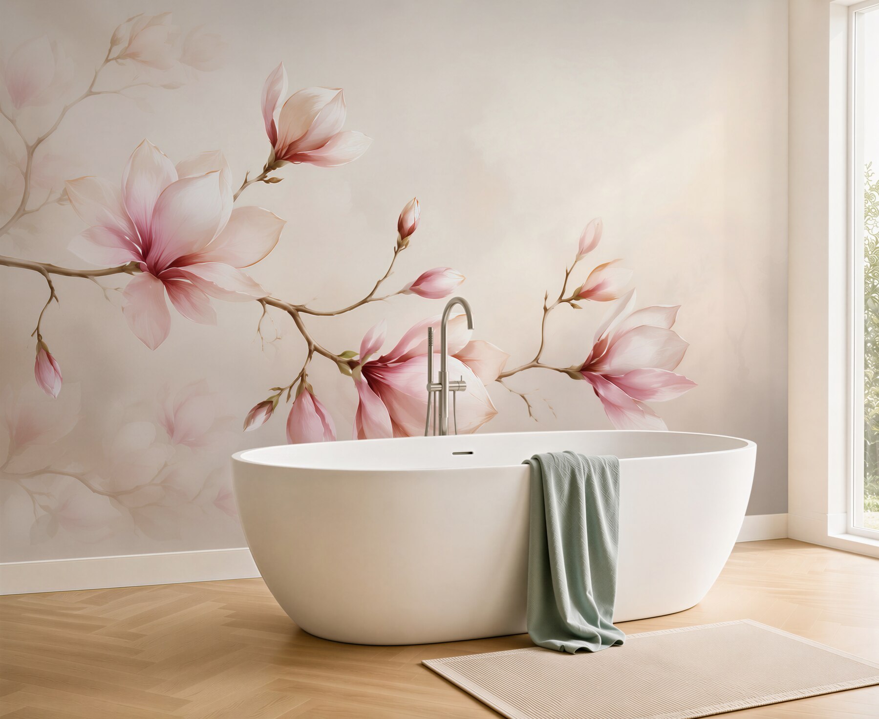 Fototapeta magnolie różowe na beżowym tle elegancka do sypialni?v23