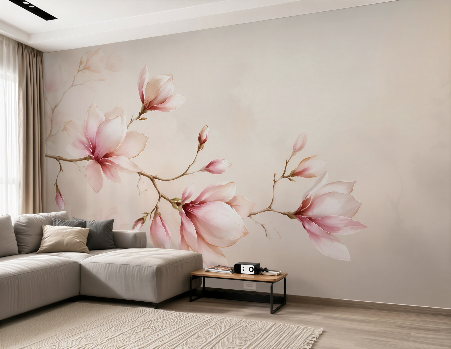 Fototapeta magnolie różowe na beżowym tle elegancka do sypialni?v23