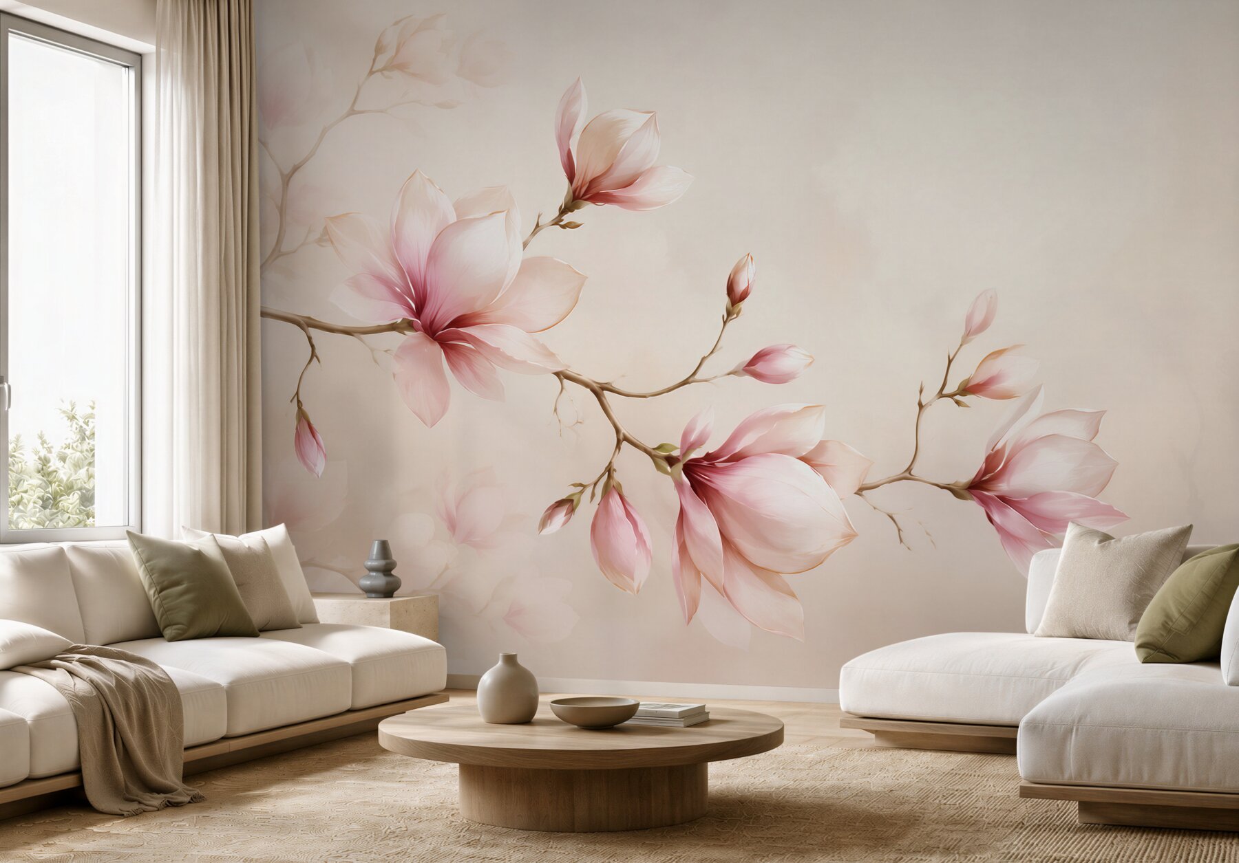 Fototapeta magnolie różowe na beżowym tle elegancka do sypialni?v23