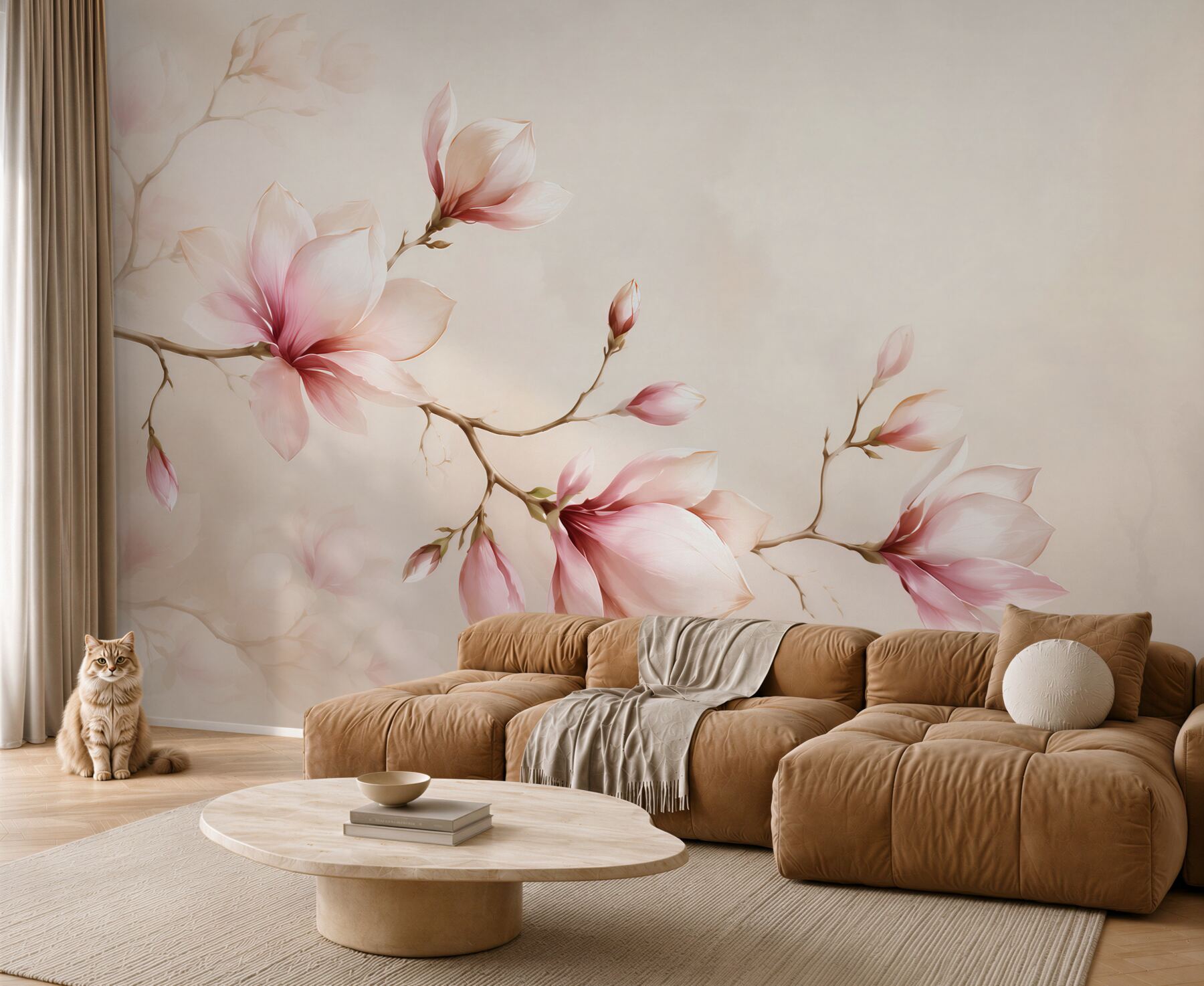 Fototapeta magnolie różowe na beżowym tle elegancka do sypialni?v23