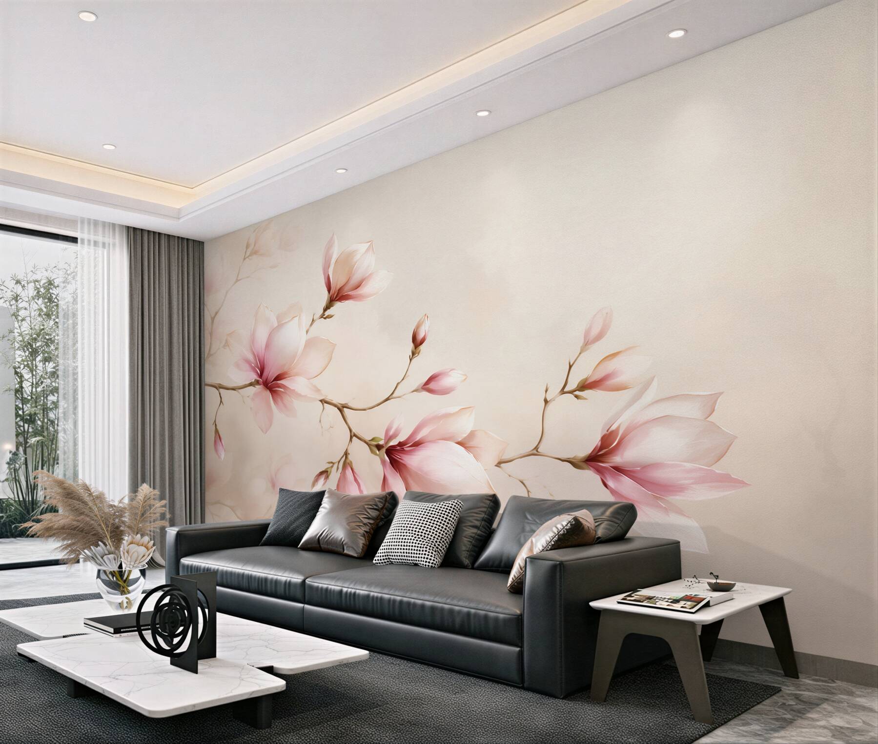 Fototapeta magnolie różowe na beżowym tle elegancka do sypialni?v23