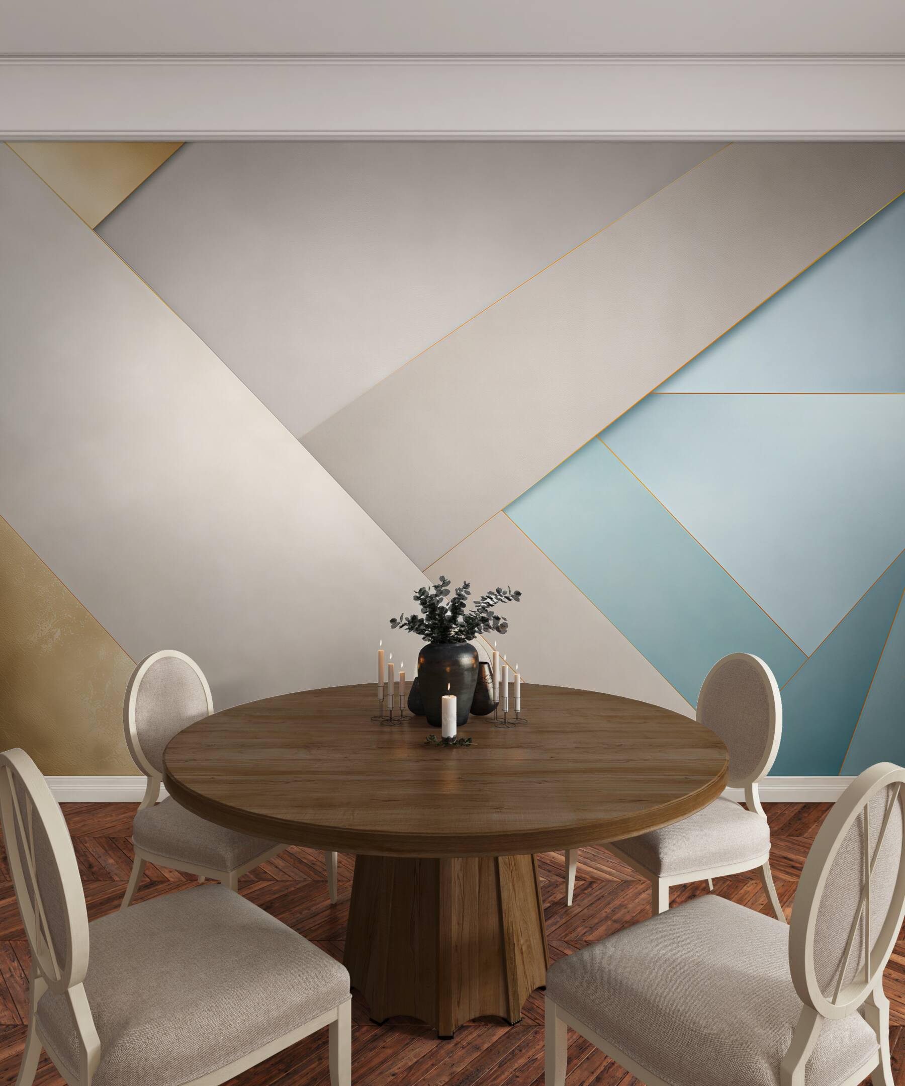 Fototapeta geometryczne panele błękitno beżowe ze złotymi liniami nowoczesne?v23
