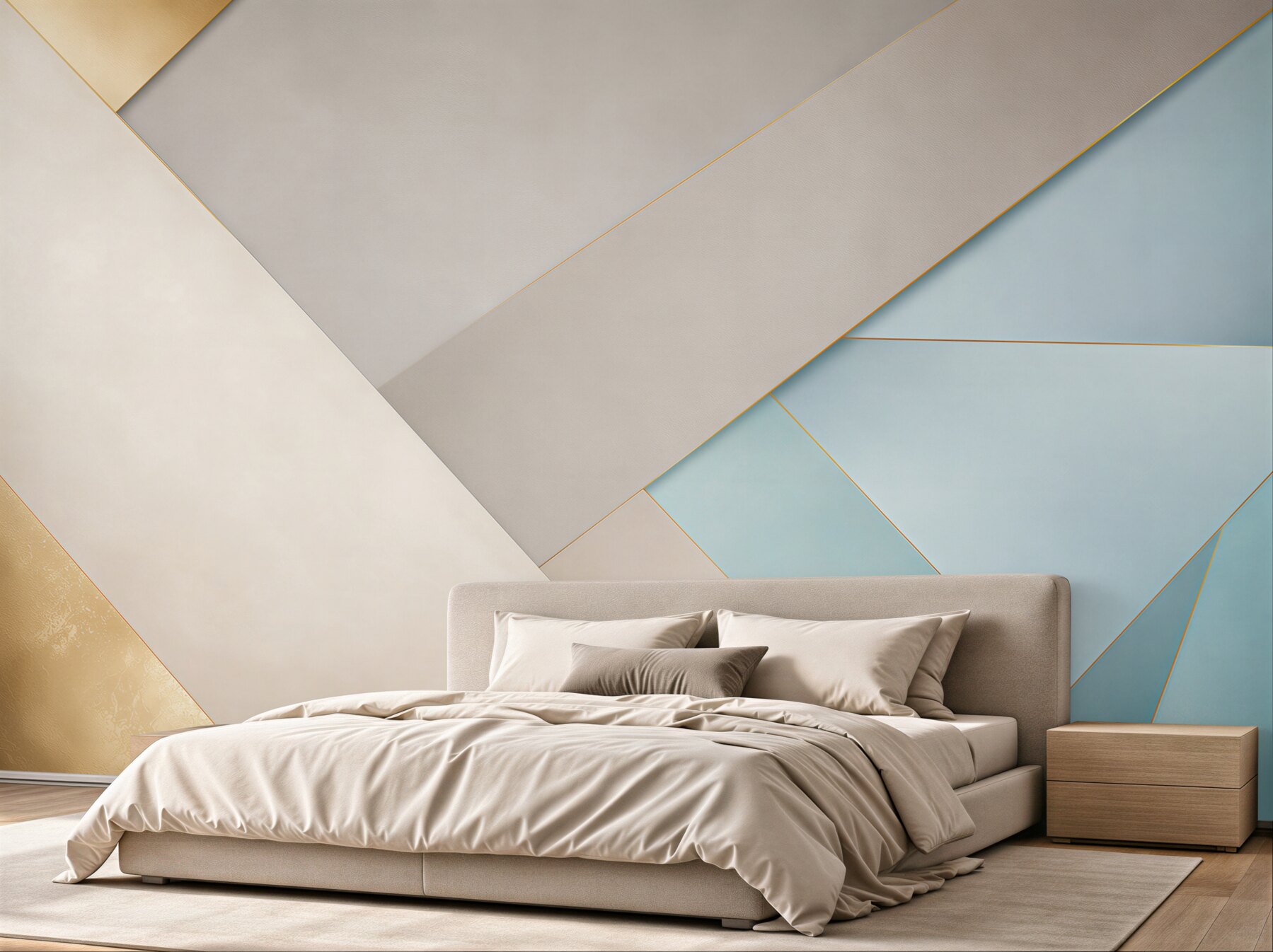 Fototapeta geometryczne panele błękitno beżowe ze złotymi liniami nowoczesne?v23