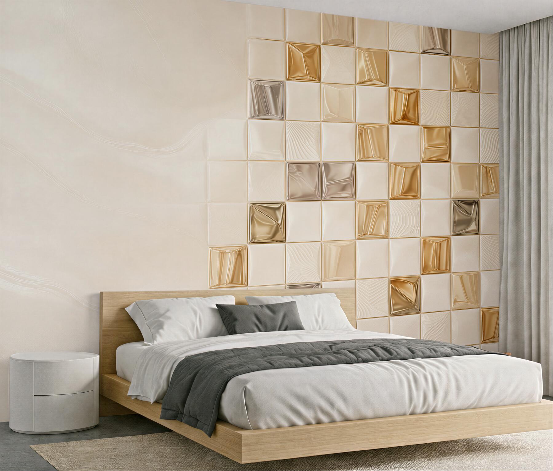 Fototapeta geometryczne kafelki 3D beżowo złote nowoczesna abstrakcja?v23
