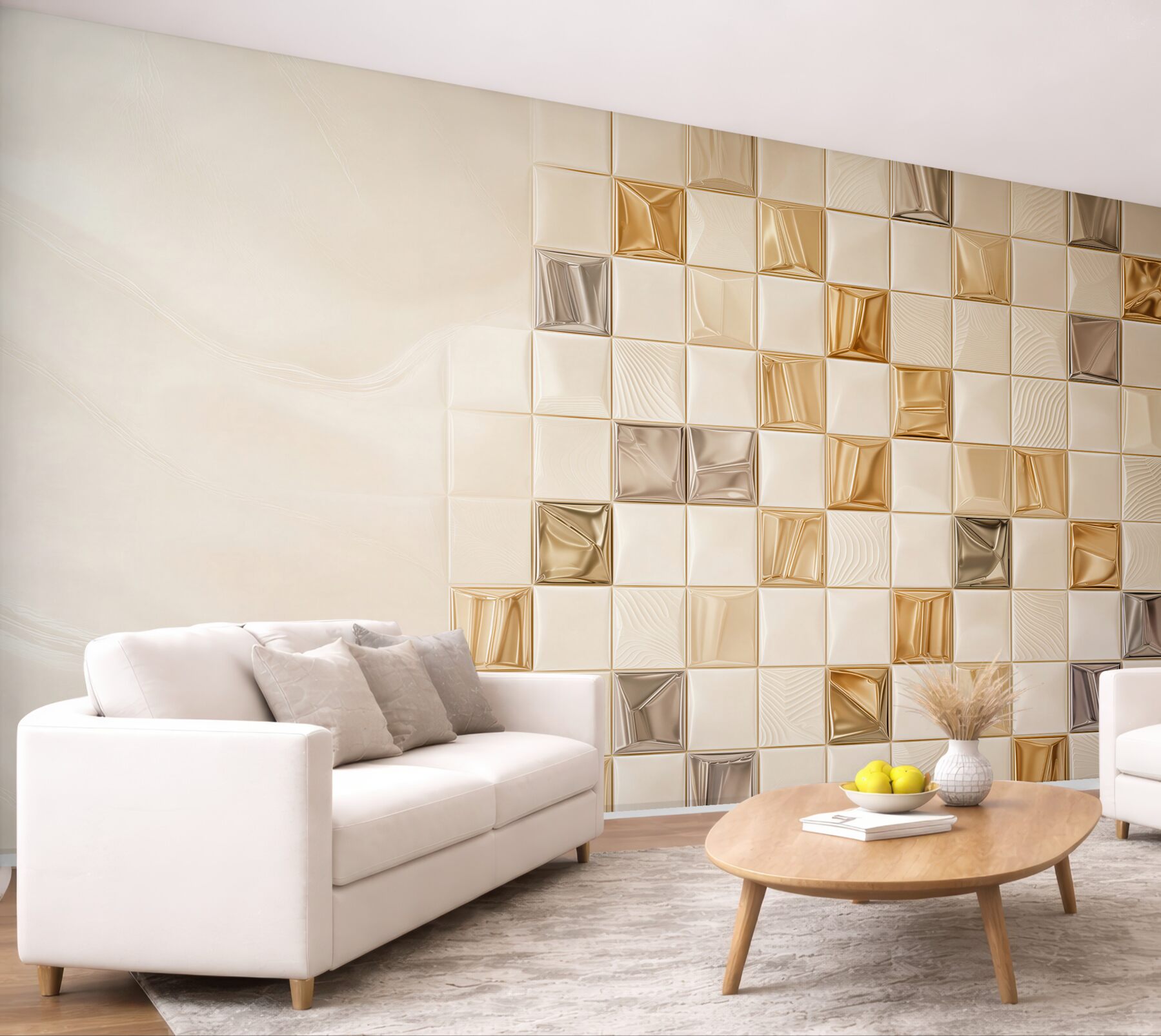 Fototapeta geometryczne kafelki 3D beżowo złote nowoczesna abstrakcja?v23