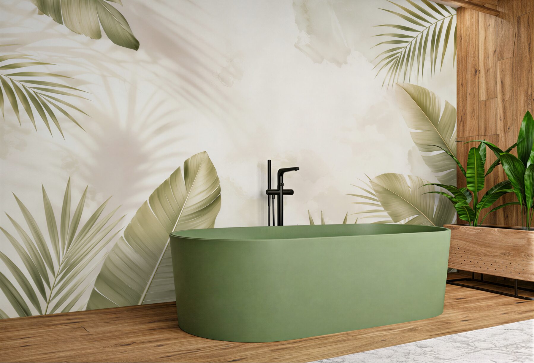 Fototapeta liście palmowe beżowo zielone subtelne tropikalne?v23