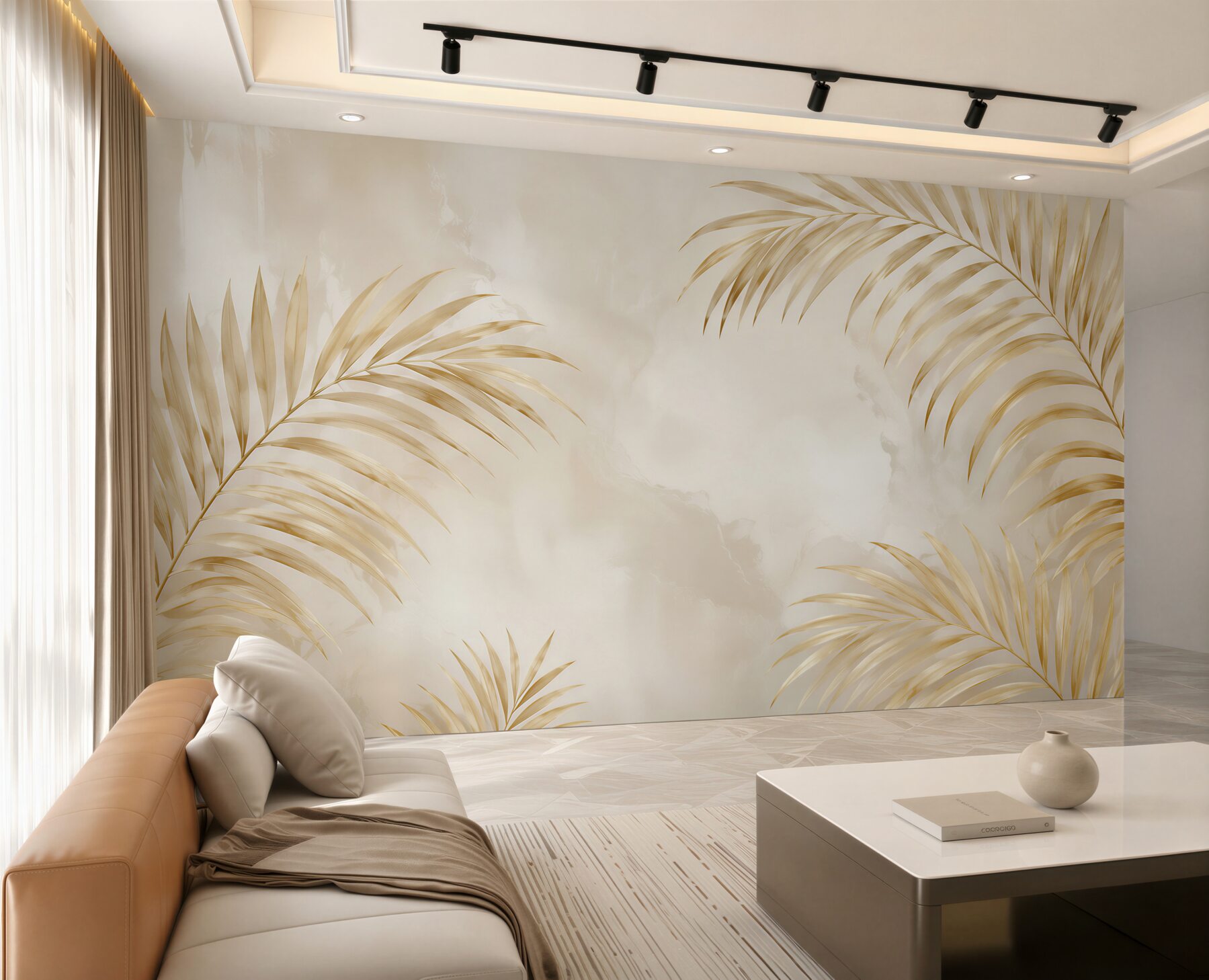 Fototapeta złote liście palmowe na beżowym tle elegancka do salonu?v23
