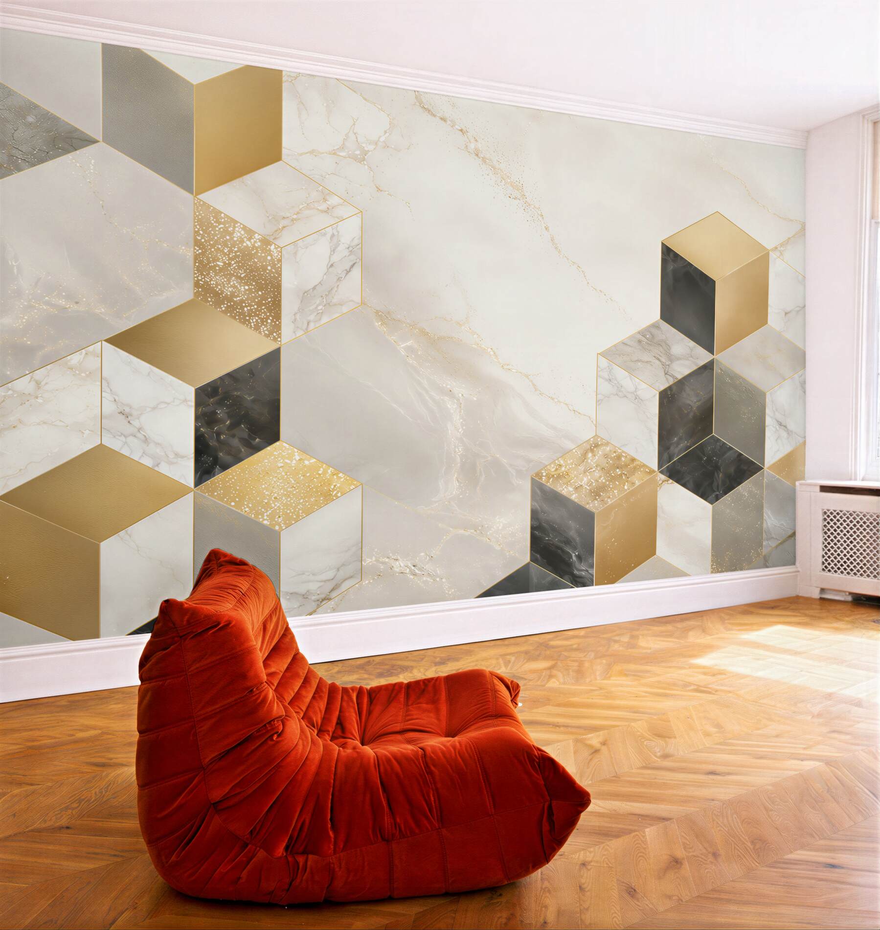 Fototapeta geometryczne sześciany marmur biało złoty nowoczesna abstrakcja?v23