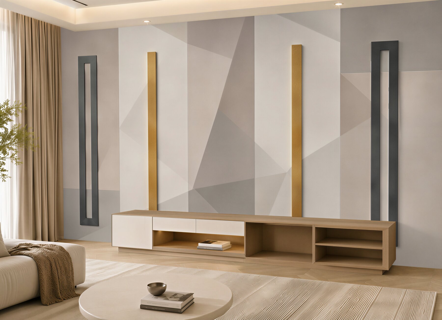 Fototapeta geometryczna 3D beżowa ze złotymi akcentami nowoczesna?v23