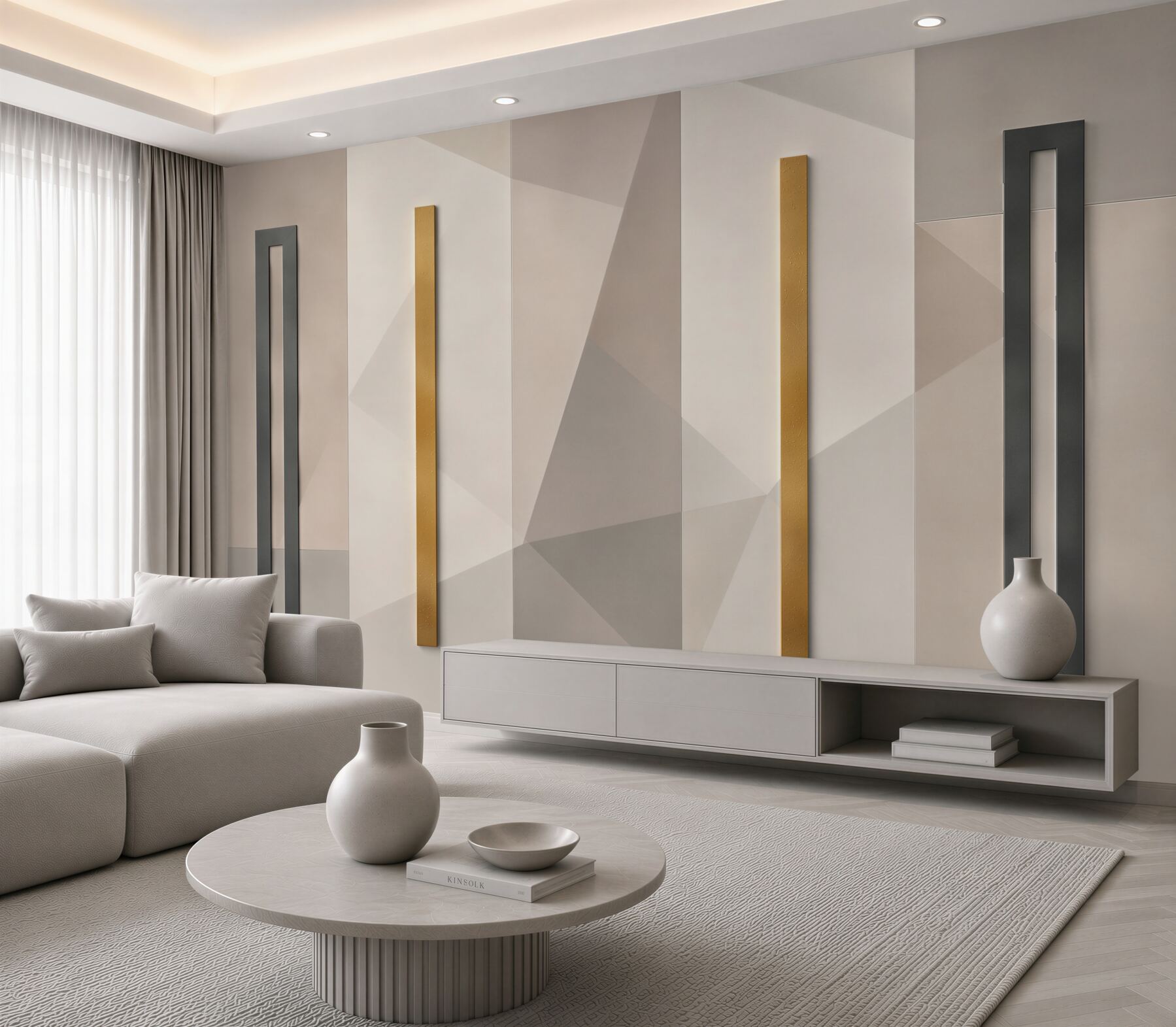 Fototapeta geometryczna 3D beżowa ze złotymi akcentami nowoczesna?v23