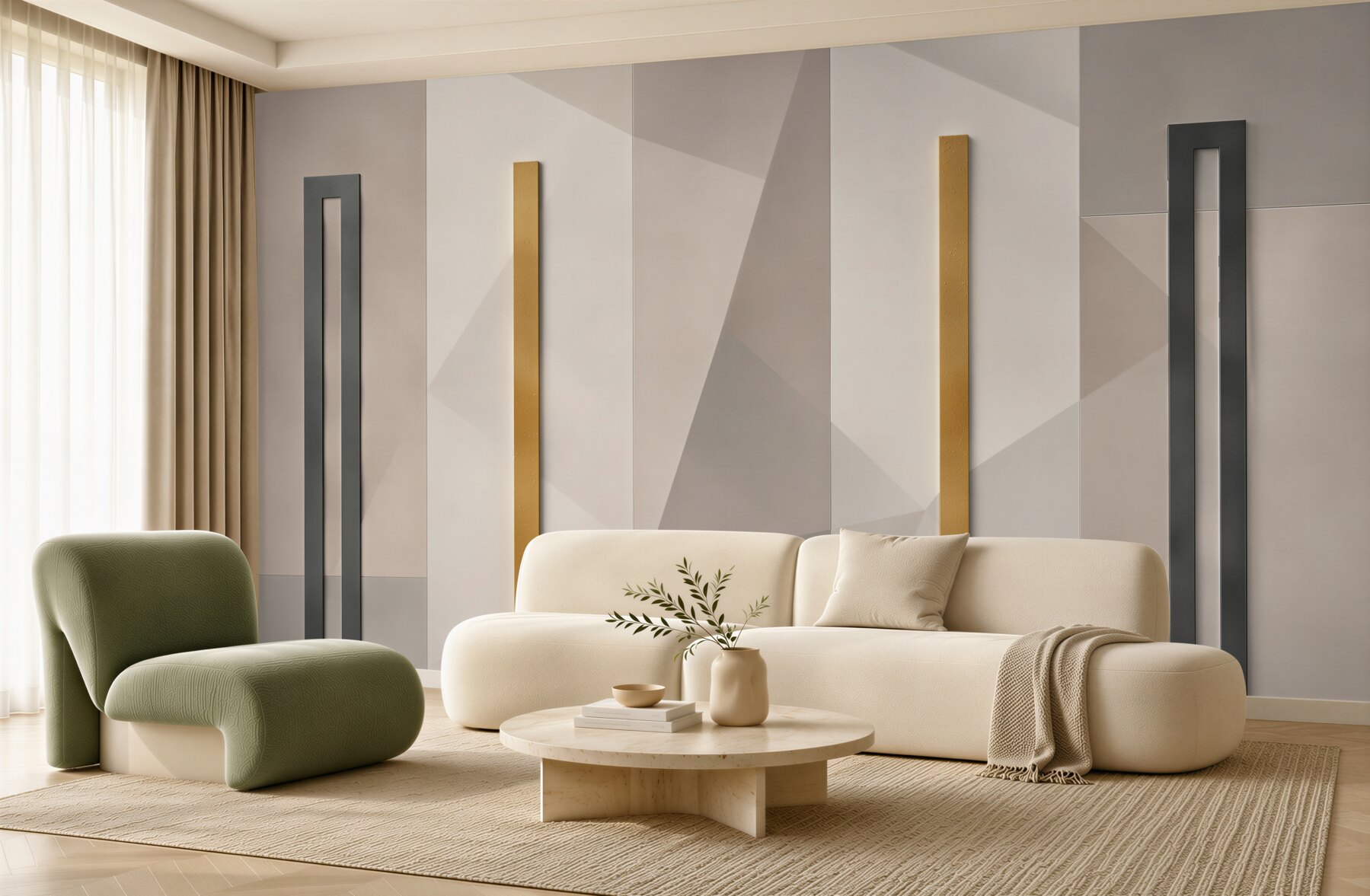 Fototapeta geometryczna 3D beżowa ze złotymi akcentami nowoczesna?v23