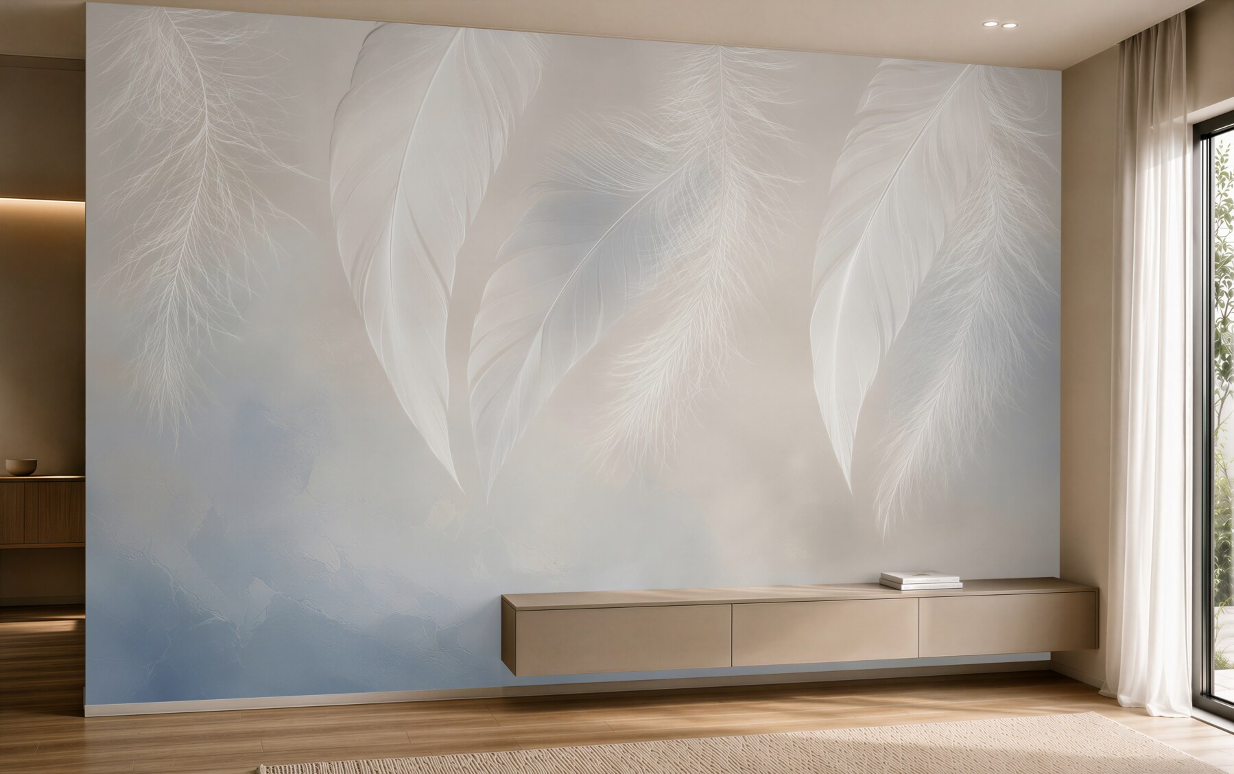 Fototapeta białe pióra delikatne na błękitno beżowym tle?v23