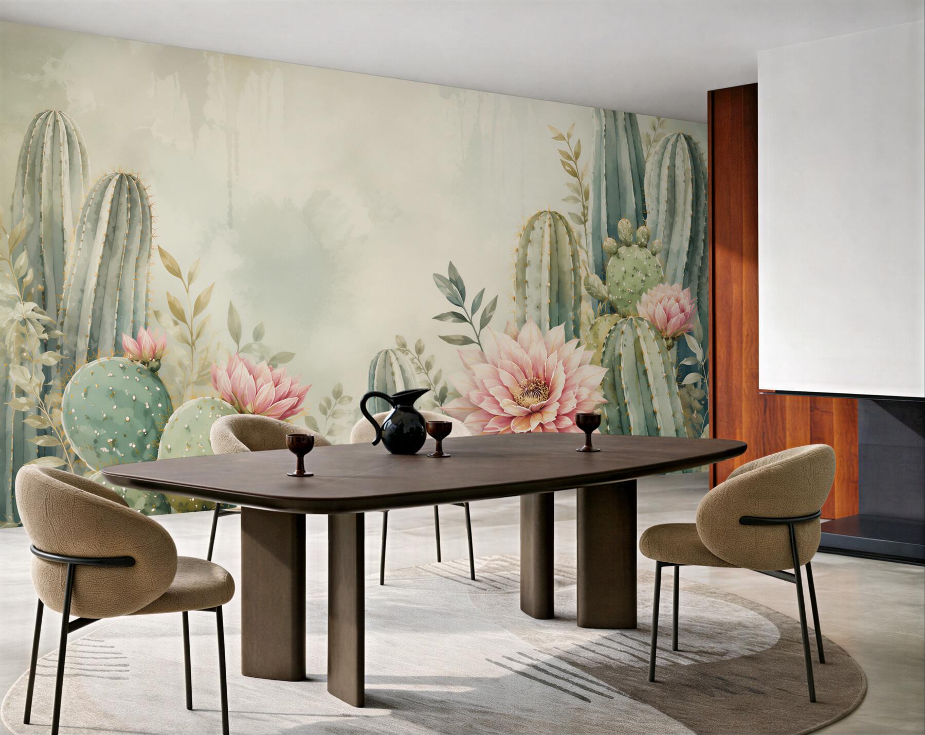 Fototapeta kaktusy z różowymi kwiatami pastelowa pustynna kompozycja?v23