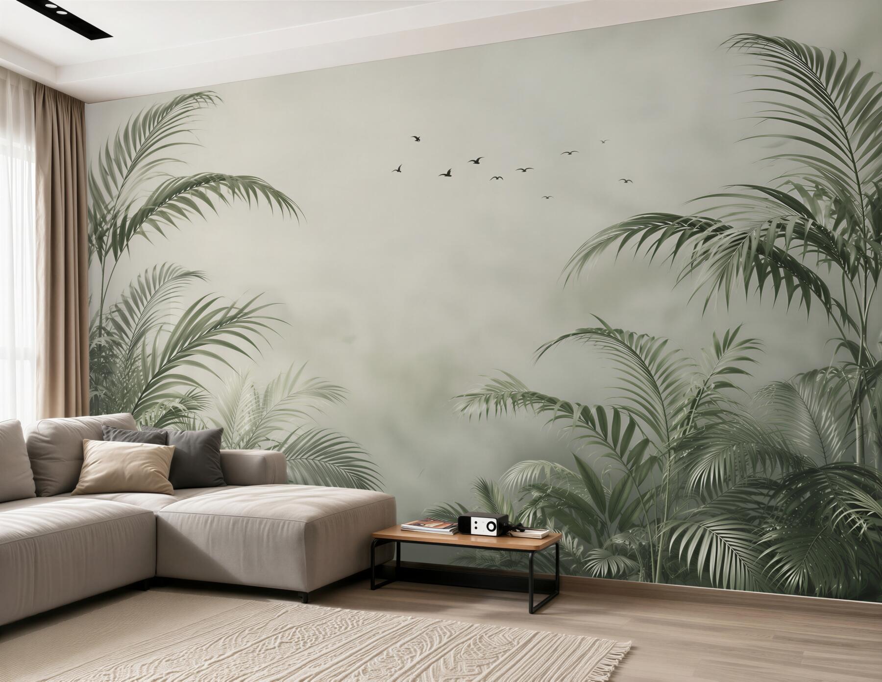Fototapeta palmowe liście we mgle z ptakami egzotyczna beżowo zielona?v23