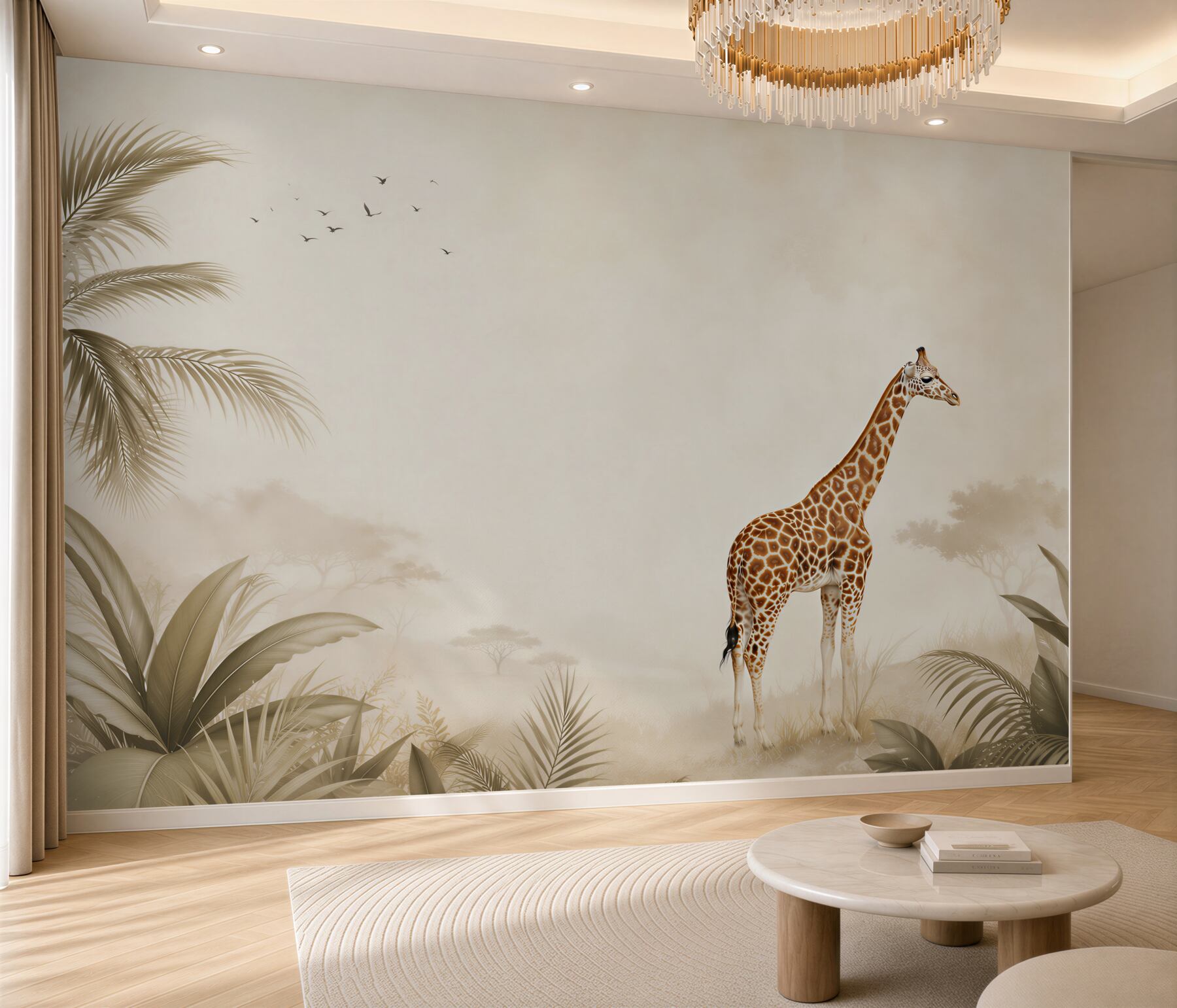 Fototapeta żyrafa na safari w beżowej dżungli dla pokoju dziecka?v23