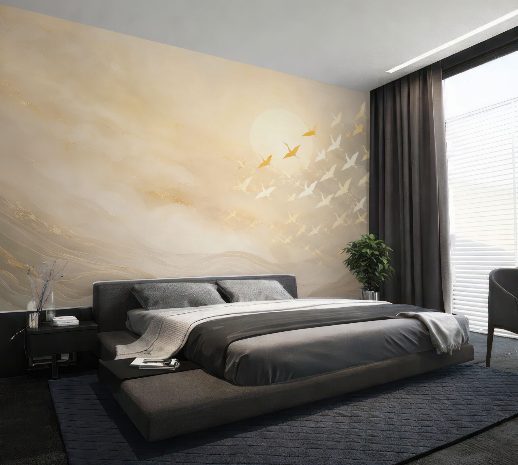 Fototapeta lecące żurawie w złotej mgle elegancka beżowa?v23