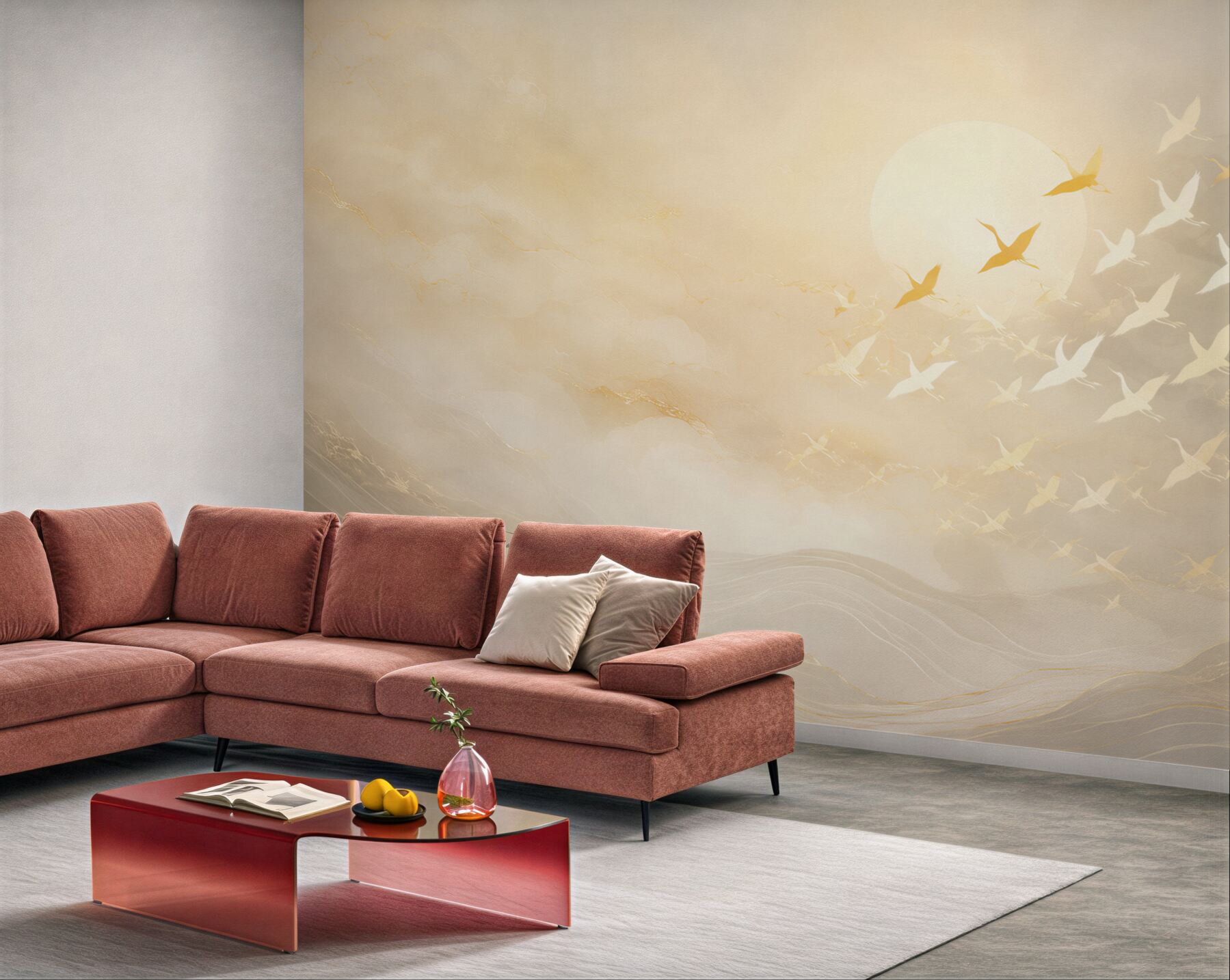 Fototapeta lecące żurawie w złotej mgle elegancka beżowa?v23