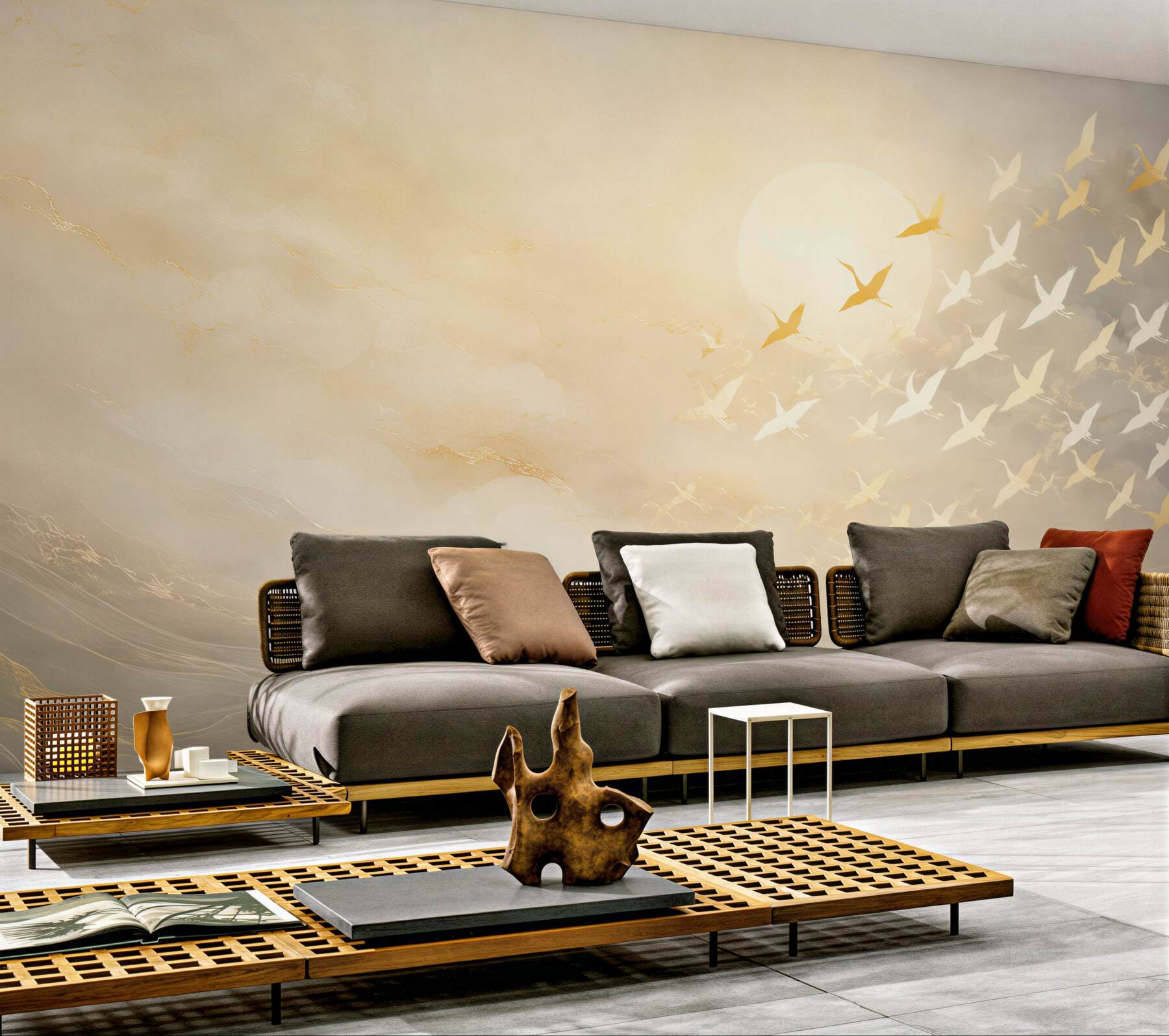 Fototapeta lecące żurawie w złotej mgle elegancka beżowa?v23