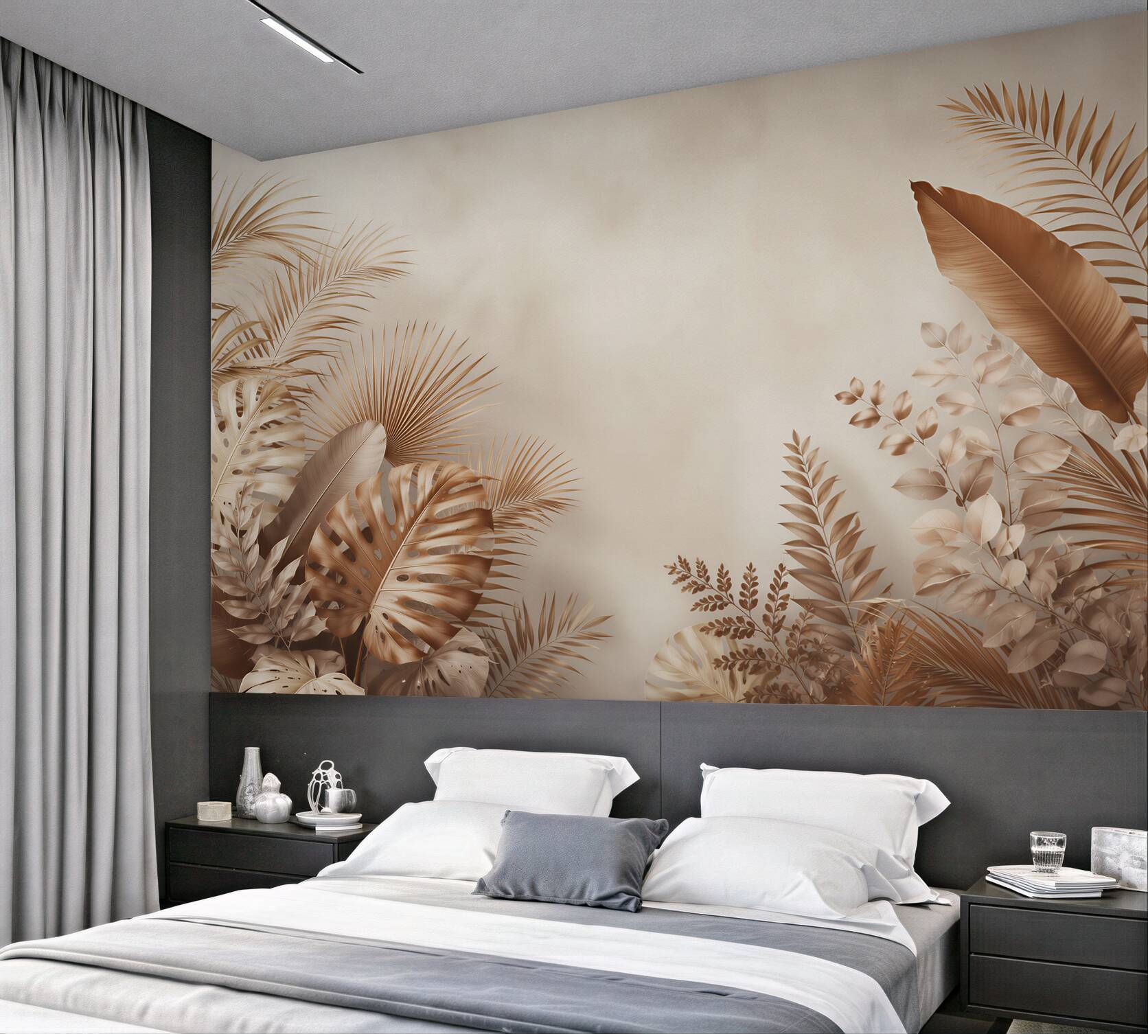 Fototapeta liście tropikalne beżowe w stylu boho do salonu?v23