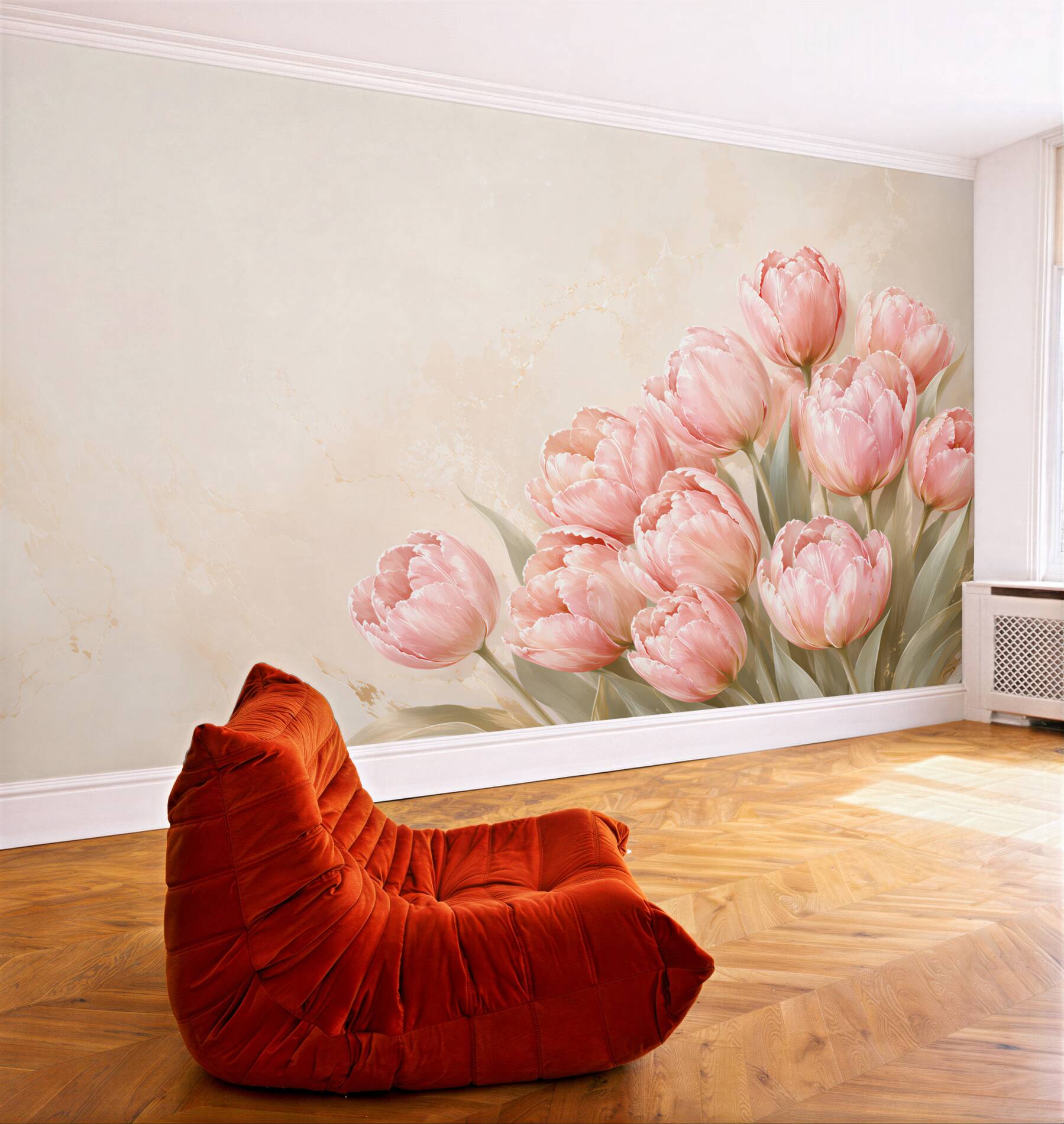 Fototapeta różowe tulipany na beżowym tle elegancka do salonu?v23