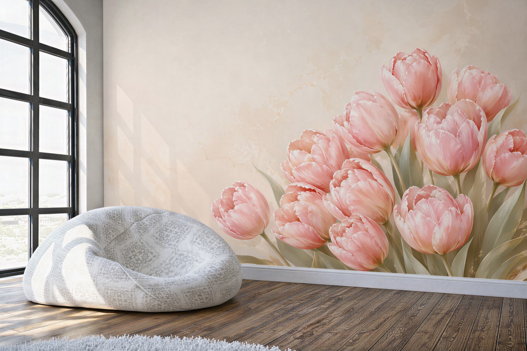 Fototapeta różowe tulipany na beżowym tle elegancka do salonu?v23