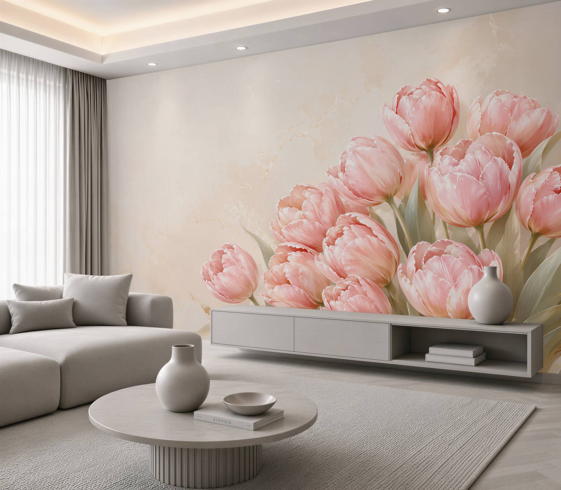 Fototapeta różowe tulipany na beżowym tle elegancka do salonu?v23