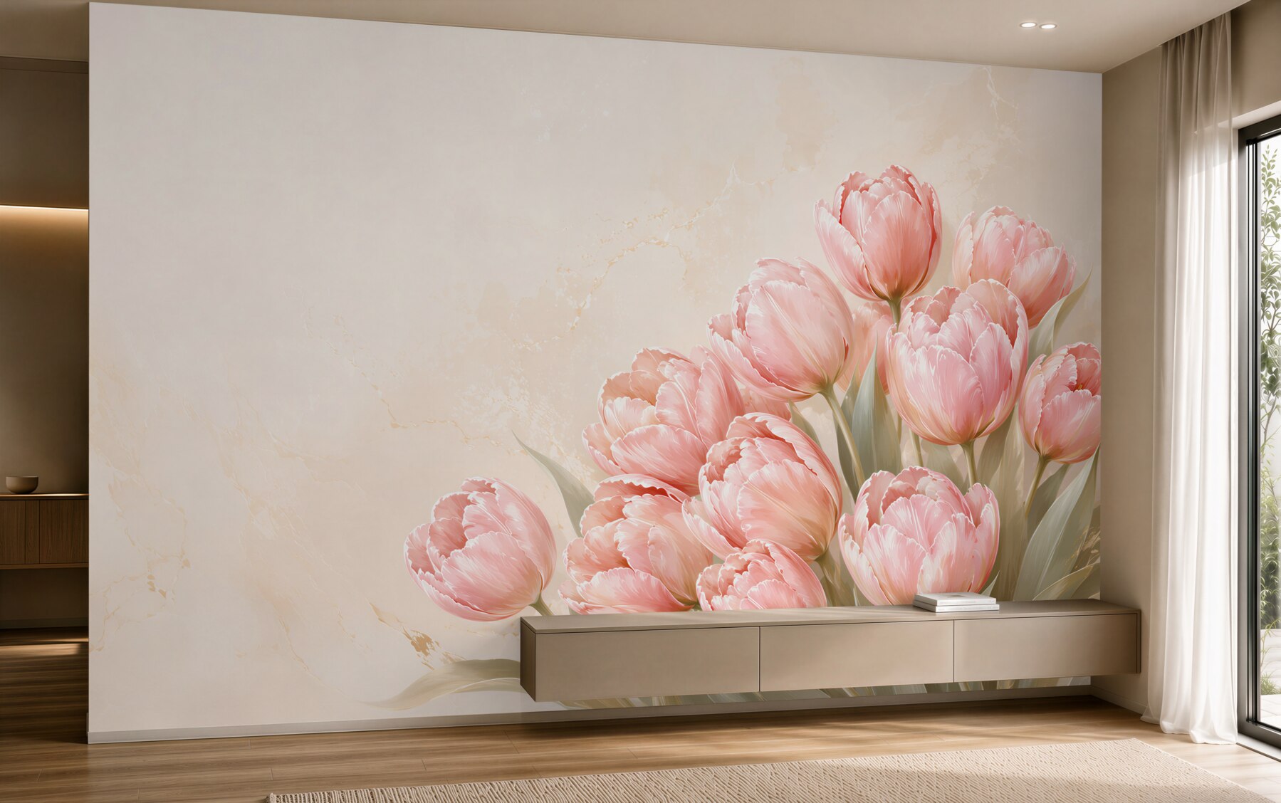 Fototapeta różowe tulipany na beżowym tle elegancka do salonu?v23