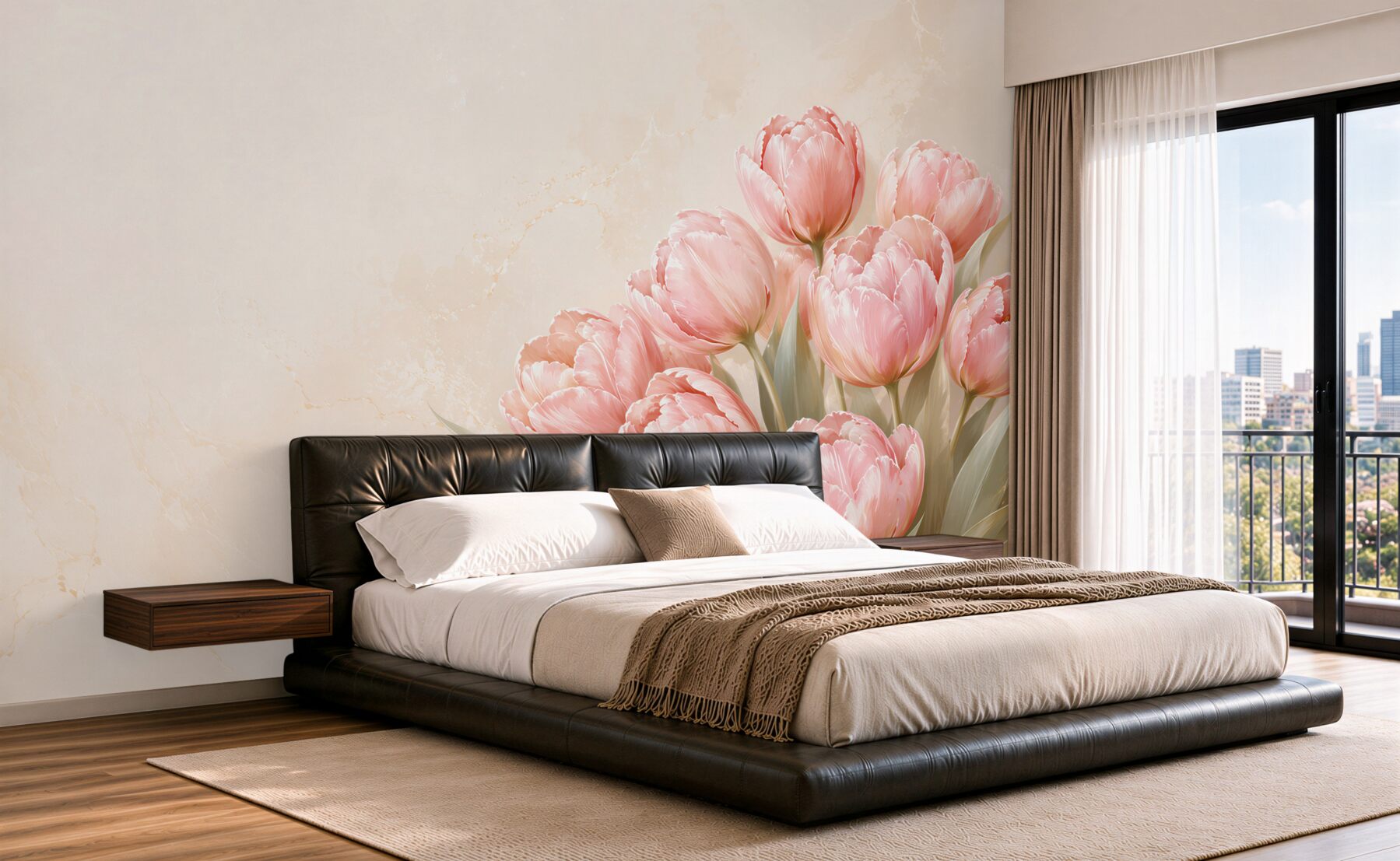 Fototapeta różowe tulipany na beżowym tle elegancka do salonu