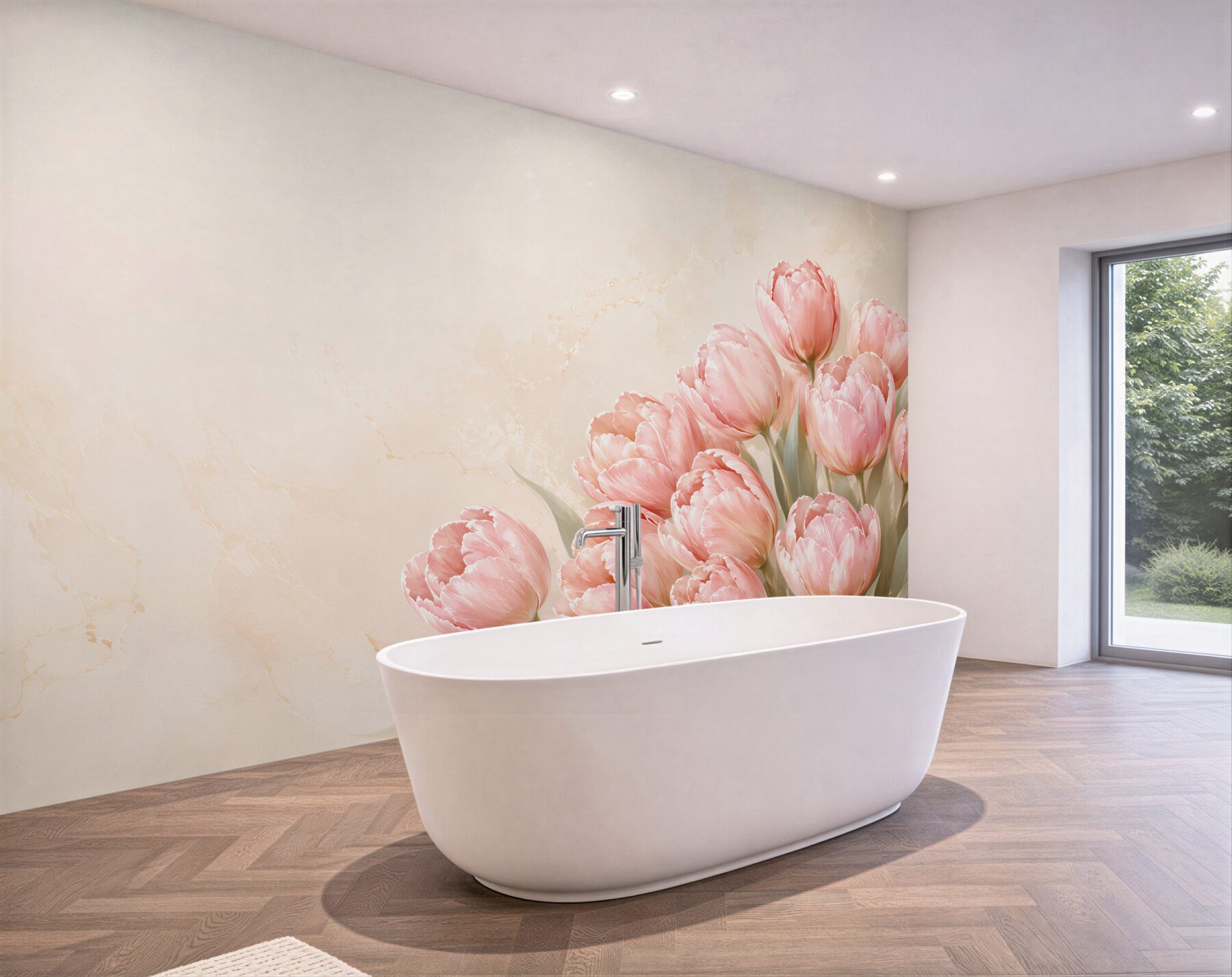 Fototapeta różowe tulipany na beżowym tle elegancka do salonu?v23