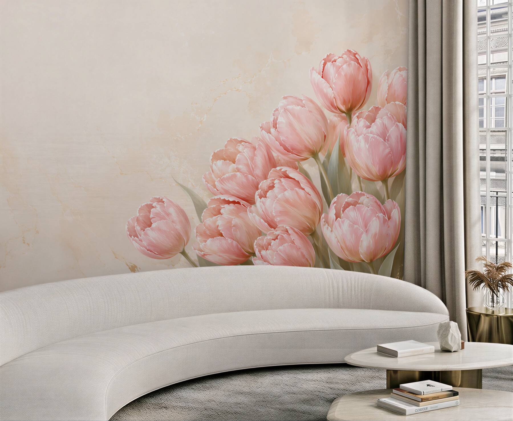Fototapeta różowe tulipany na beżowym tle elegancka do salonu?v23