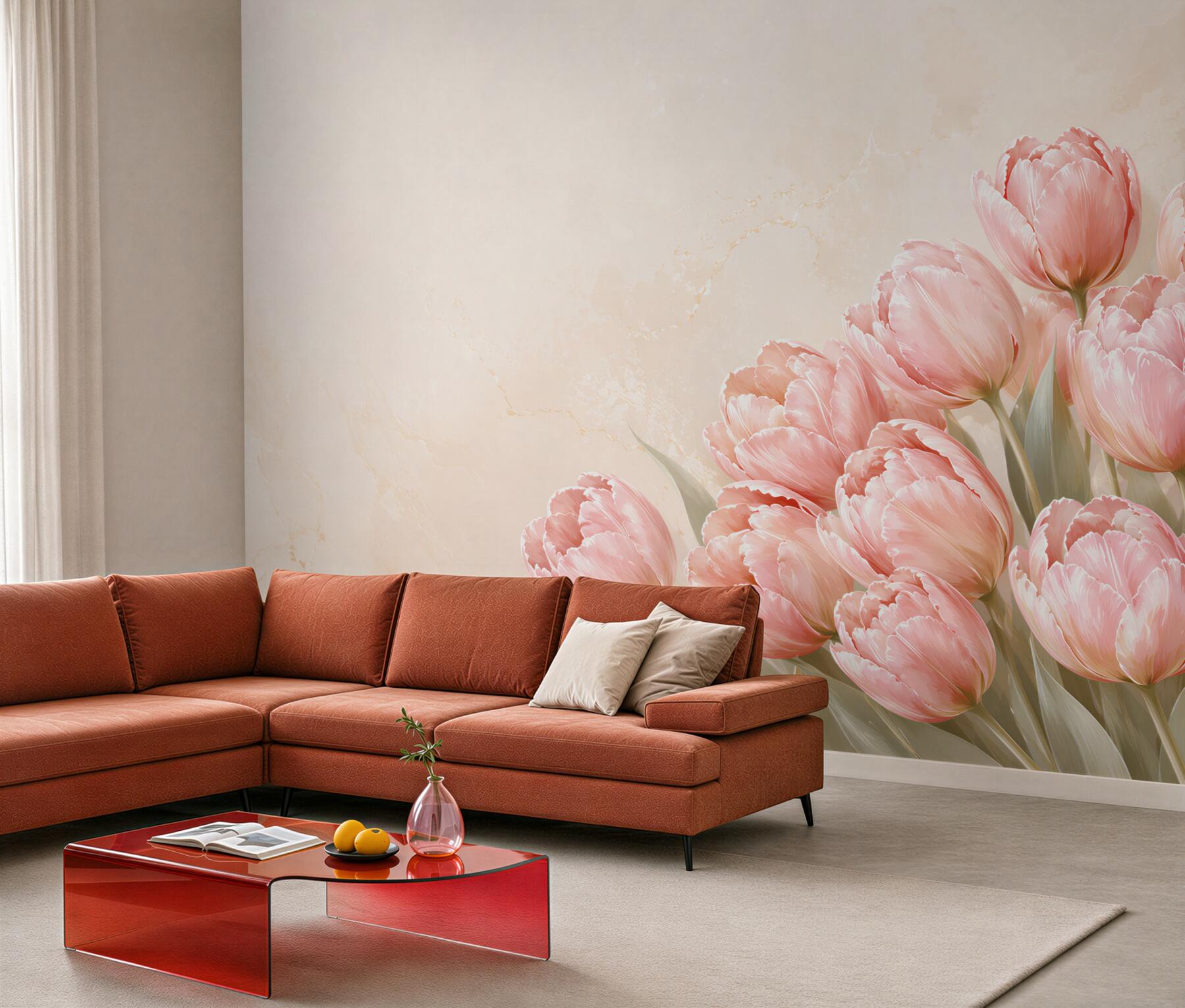 Fototapeta różowe tulipany na beżowym tle elegancka do salonu?v23