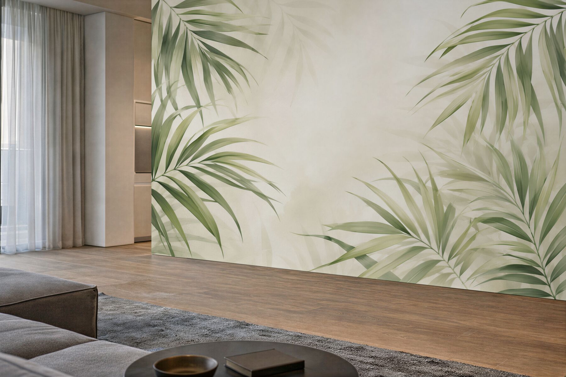 Fototapeta zielone liście palmowe na jasnym tle w stylu boho?v23