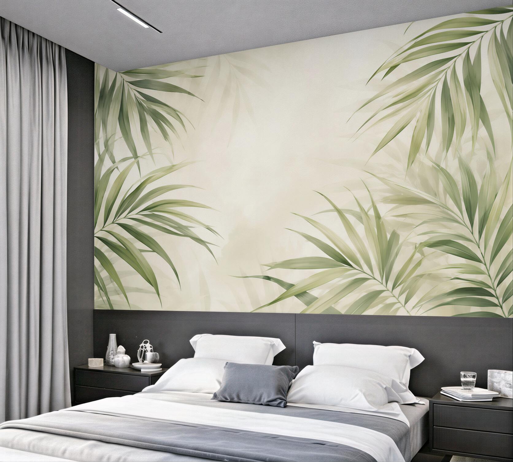 Fototapeta zielone liście palmowe na jasnym tle w stylu boho?v23