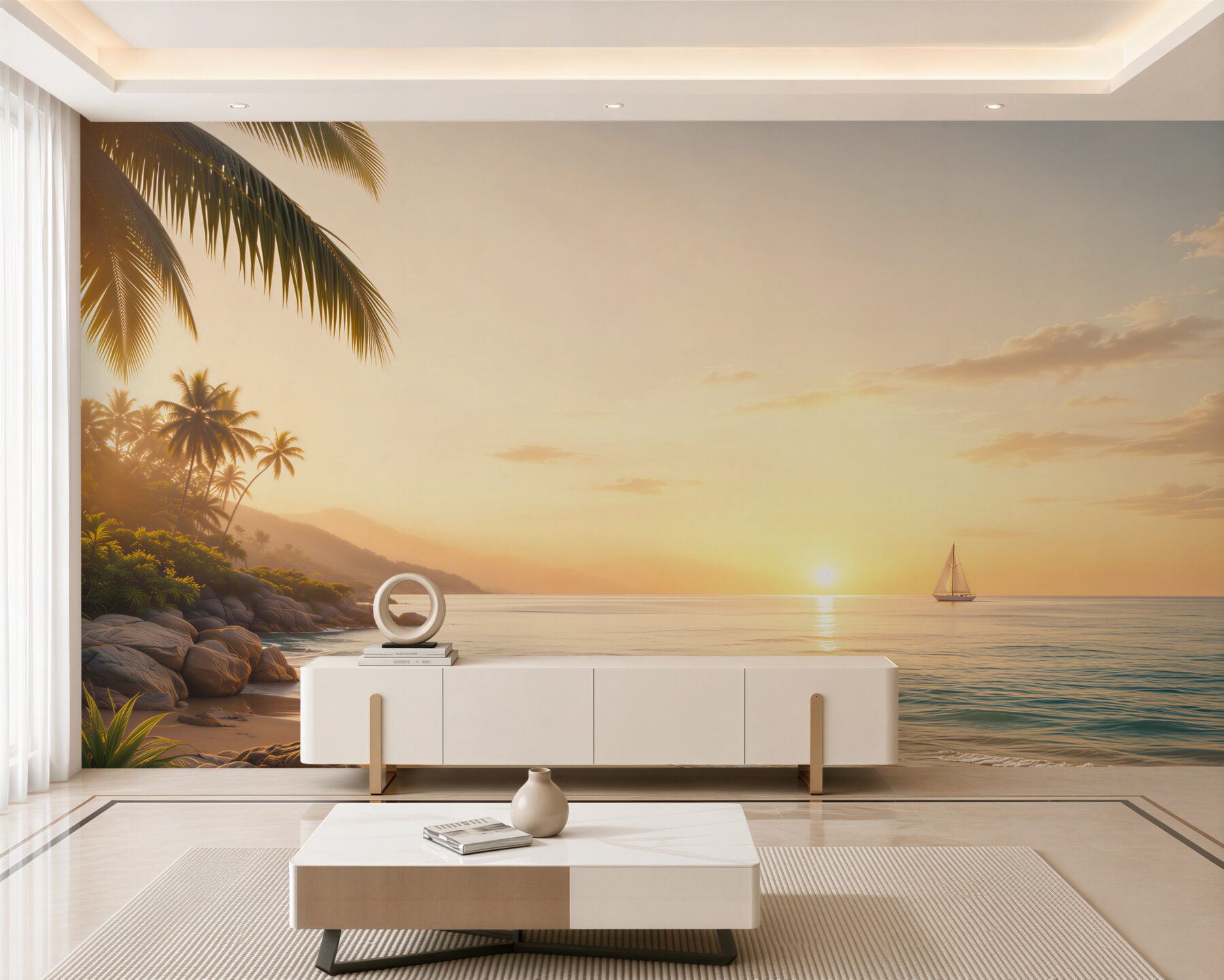 Fototapeta tropikalna plaża o zachodzie słońca z palmami i żaglówką?v23
