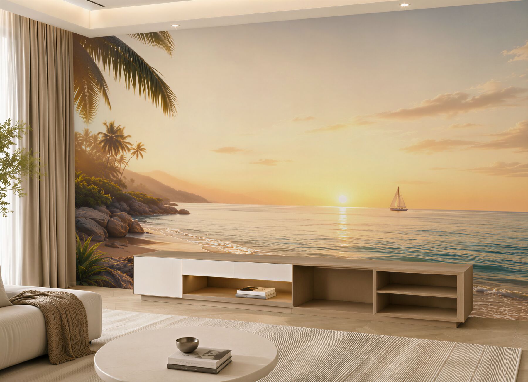 Fototapeta tropikalna plaża o zachodzie słońca z palmami i żaglówką?v23