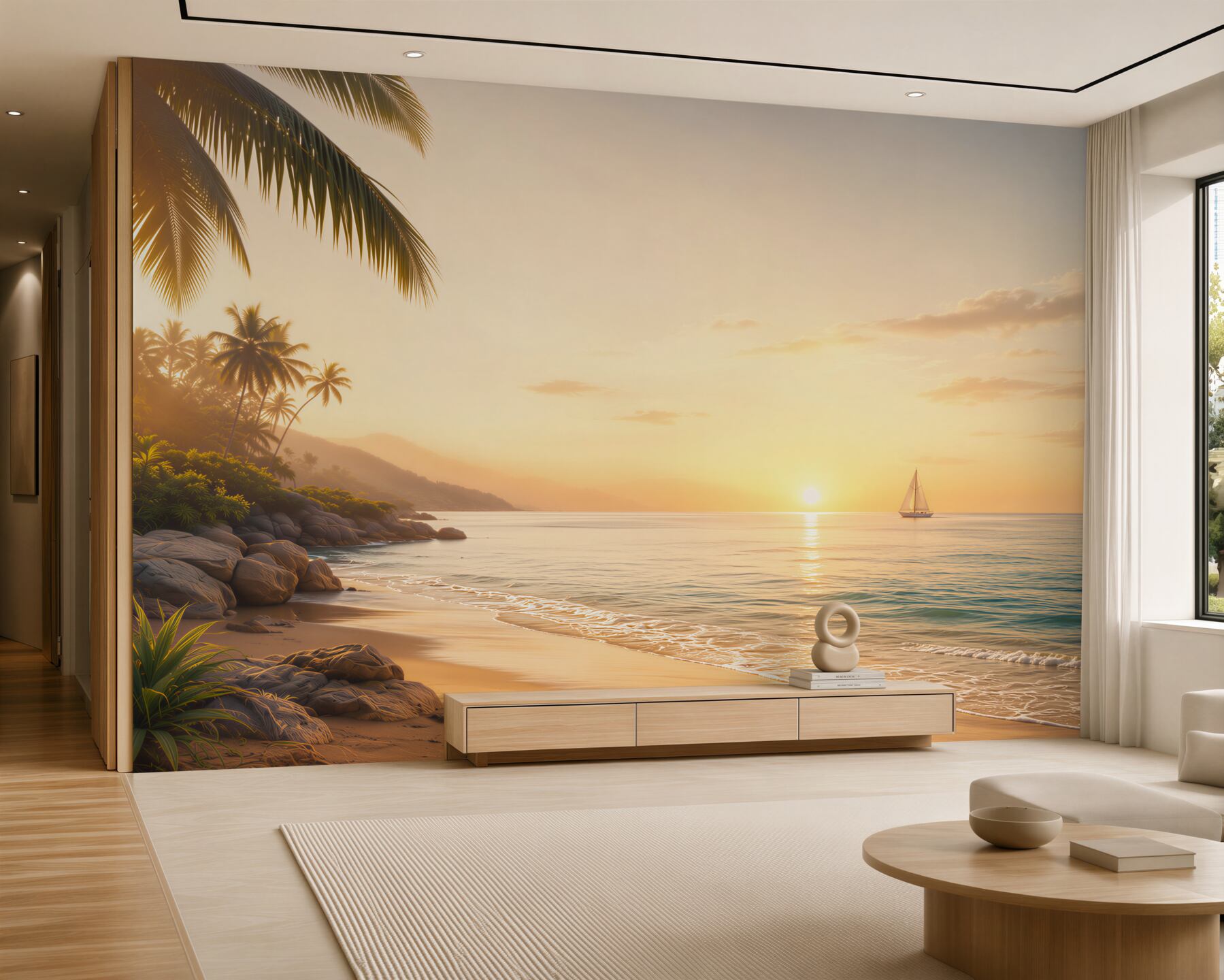 Fototapeta tropikalna plaża o zachodzie słońca z palmami i żaglówką?v23
