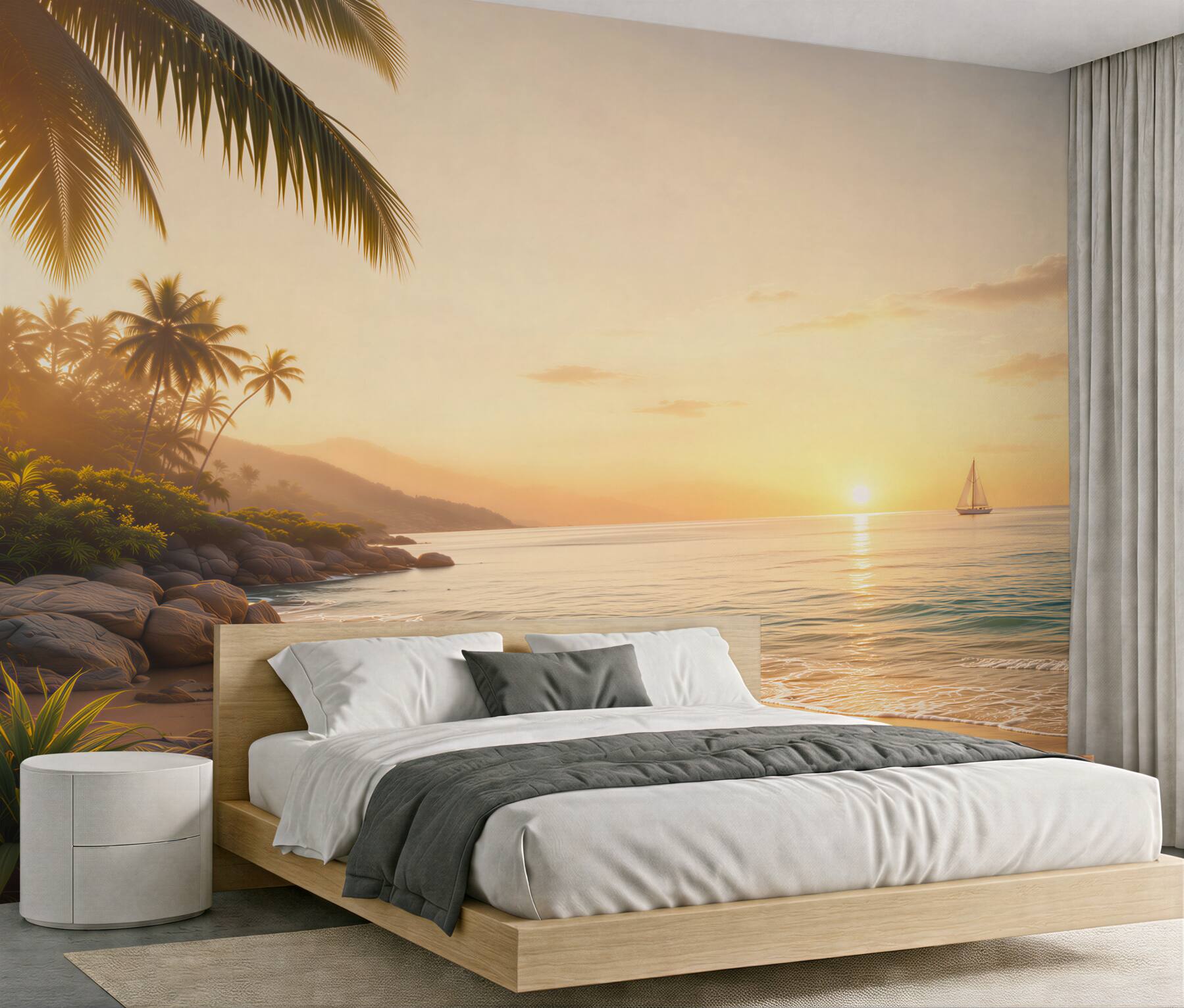 Fototapeta tropikalna plaża o zachodzie słońca z palmami i żaglówką?v23