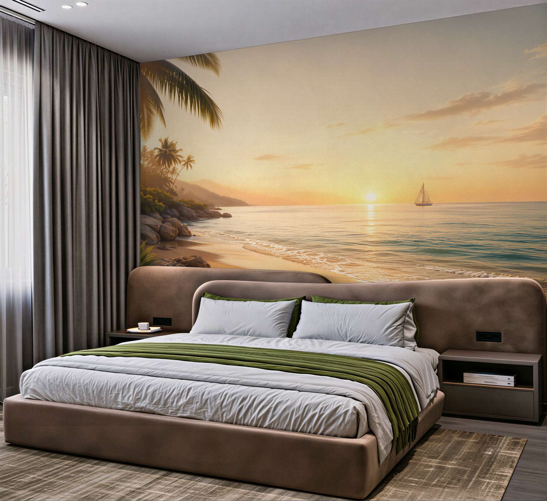 Fototapeta tropikalna plaża o zachodzie słońca z palmami i żaglówką?v23