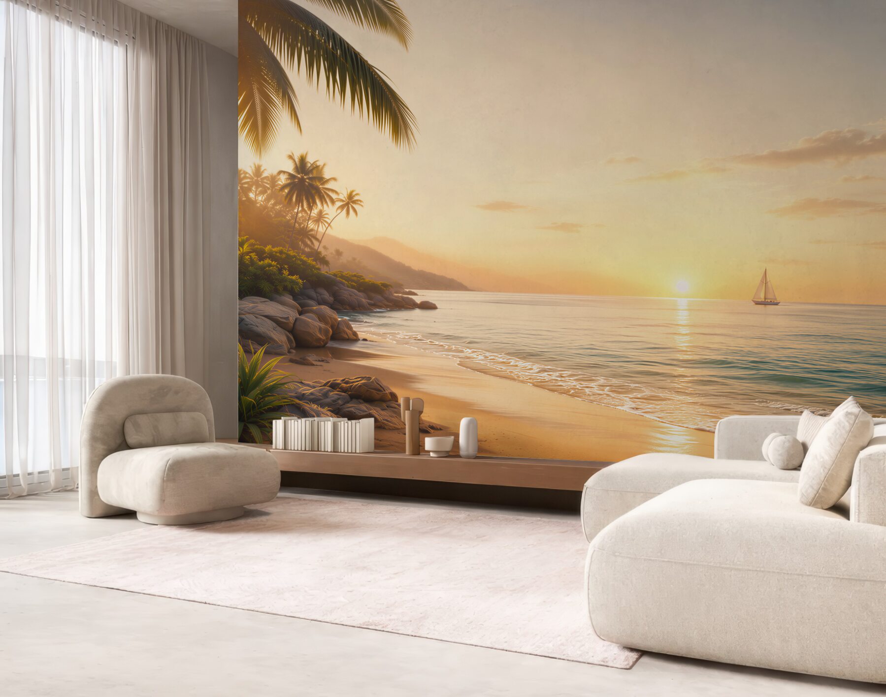 Fototapeta tropikalna plaża o zachodzie słońca z palmami i żaglówką?v23