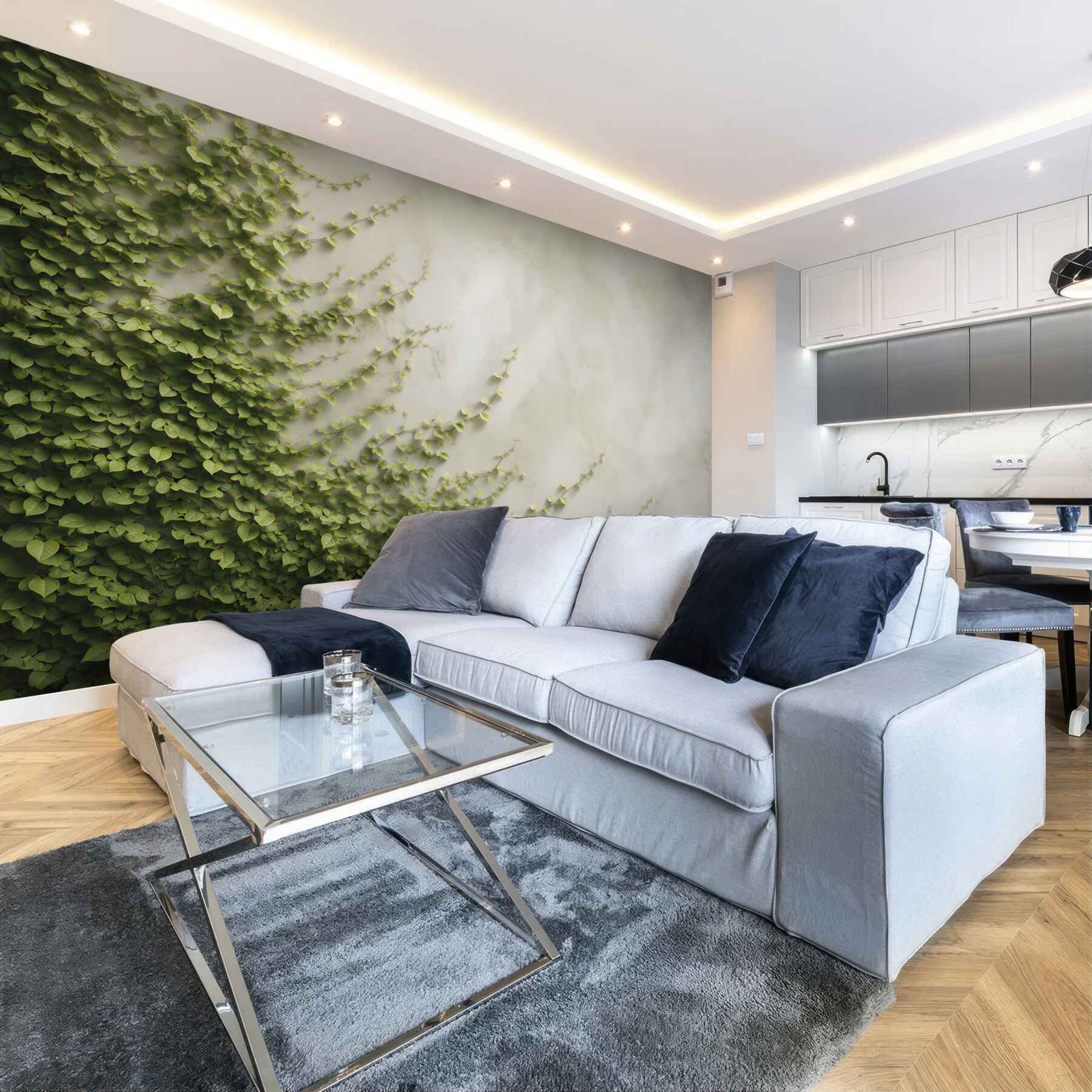 Fototapeta zielony bluszcz pnący na jasnej ścianie naturalna elegancja?v23