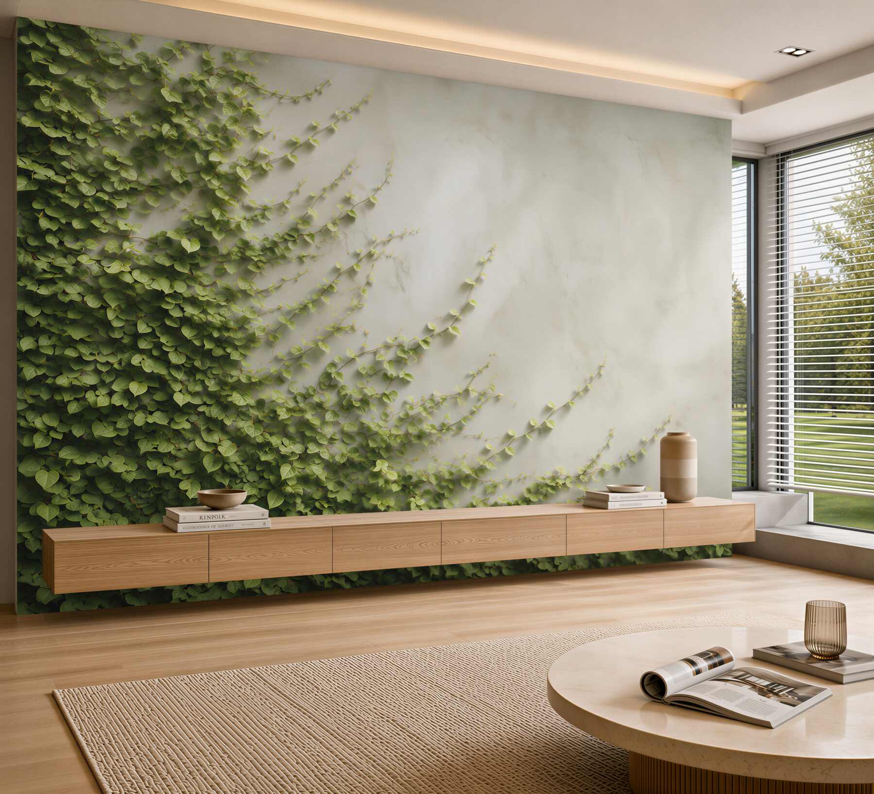 Fototapeta zielony bluszcz pnący na jasnej ścianie naturalna elegancja?v23
