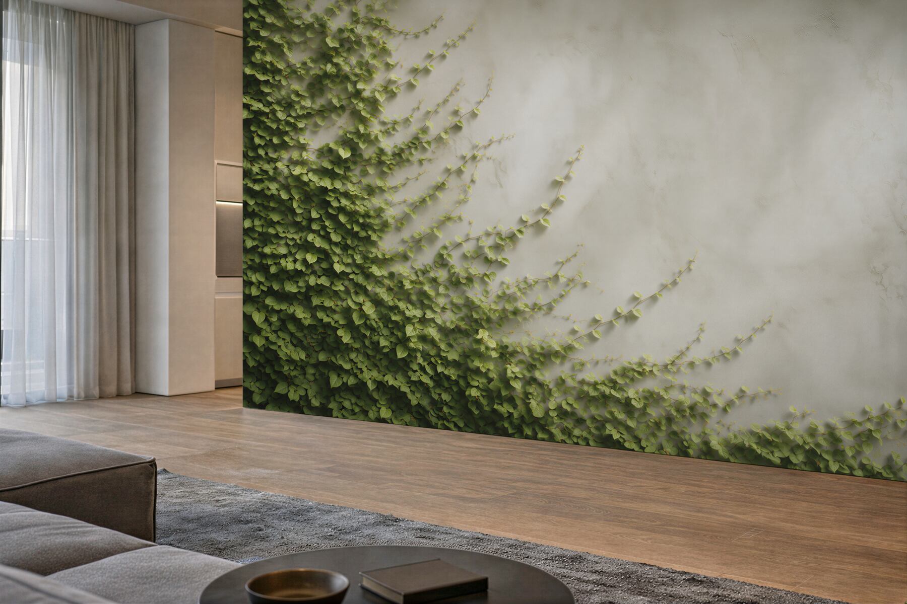 Fototapeta zielony bluszcz pnący na jasnej ścianie naturalna elegancja?v23