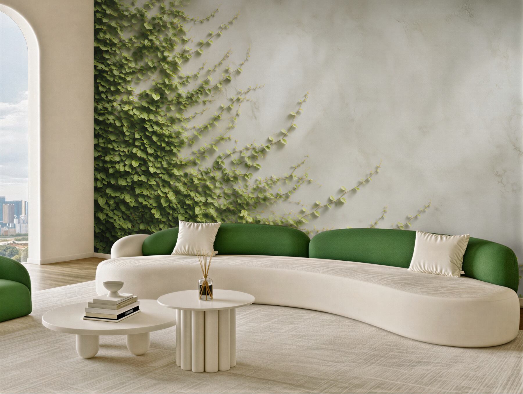 Fototapeta zielony bluszcz pnący na jasnej ścianie naturalna elegancja?v23