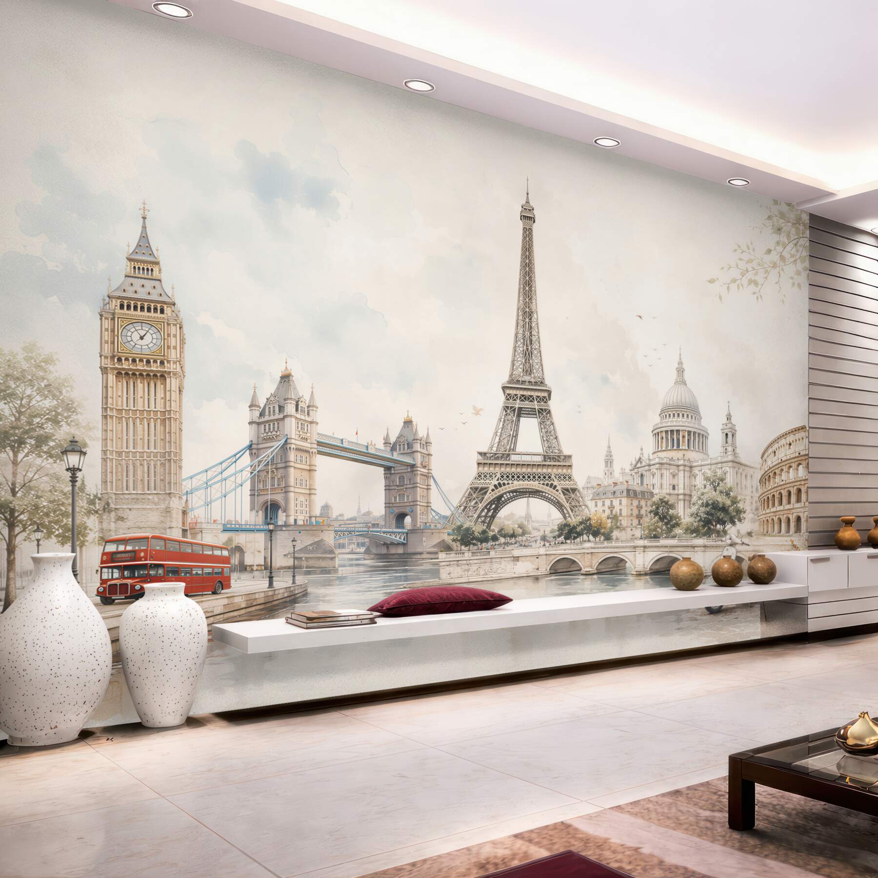 Fototapeta europejskie zabytki w pastelowej akwareli do eleganckiego salonu?v23